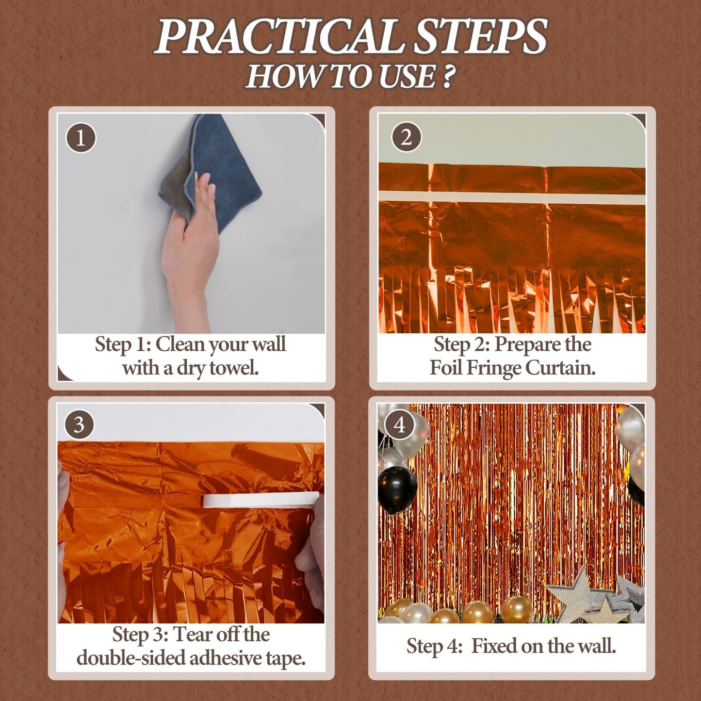 3 Pack Foil Fringe Backdrop - Bronze Shiny Tinsel Curtains for Party Decoration/Photo Booth Props - 3.3x8.2 FT Metallic Foil Backdrop for Birthday, Wedding, Graduation, Christmas.