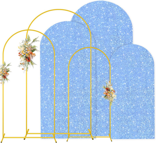 MODFUNS Metal Arch Backdrop Stand and Cover Set 4&5&6ft Light Blue Sequins Arch Backdrop Cover Set of 3 Balloon Arch Frame Romantic Arch Stand with Covers for Wedding Birthday Party Decoration