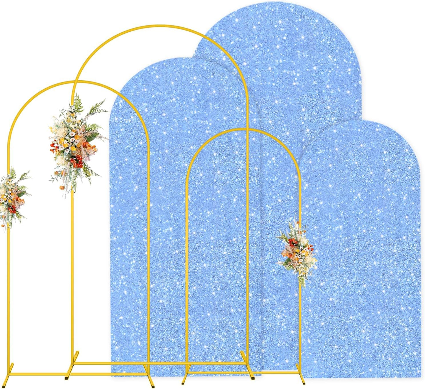 MODFUNS Arch Backdrop Stand with Cover 6&6.6&7.2ft Light Blue Sequins Arch Backdrop Cover Set of 3 Metal Arch Stand Double Sided Glitter Arch Covers for Wedding Ceremony Banquet Party Decoration