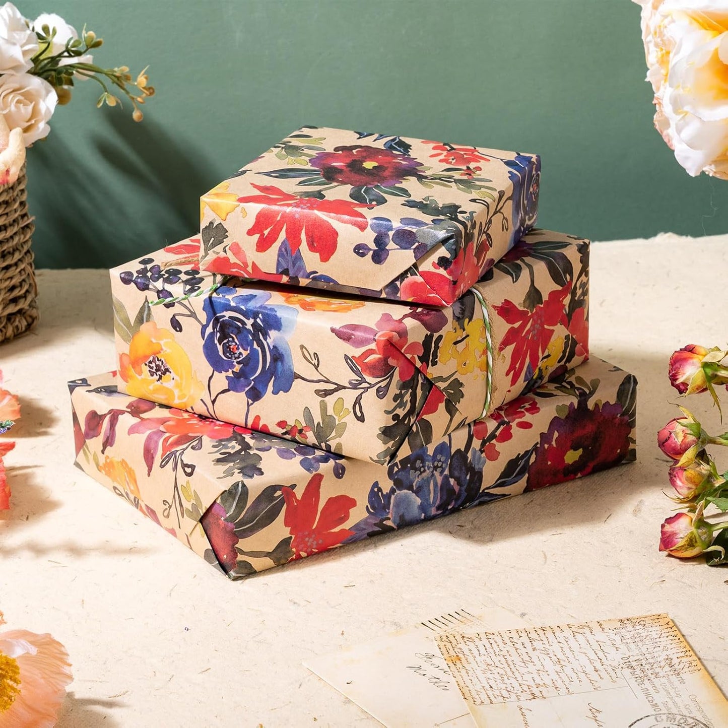 RUSPEPA Watercolor Floral Wrapping Paper, 17 Inches x 16. 4 Feet, Mini Roll, Flower Kraft Wrapping Paper Roll for Women, Girls, Spring, Birthdays, Baby Shower and Bridal Shower