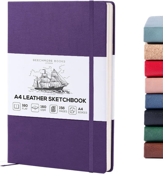 Beechmore Books A4 Sketchbook – 8.5x11 Premium Vegan Leather Bound Large Sketch Book Hardcover with 156 Thick 160gsm Perforated Ivory Pages, Blank Sketch Pad, Gift Boxed, Back Pocket, Ribbon Bookmark