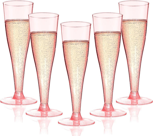100 Pack Pink Champagne Flutes Plastic Wine Glasses Disposable, 4.5 Oz Clear Mimosa Glasses for 2025 Engagement Wedding Birthday New Years Eve Xmas Party Supplies, Bulk Toasting Cocktail Cups