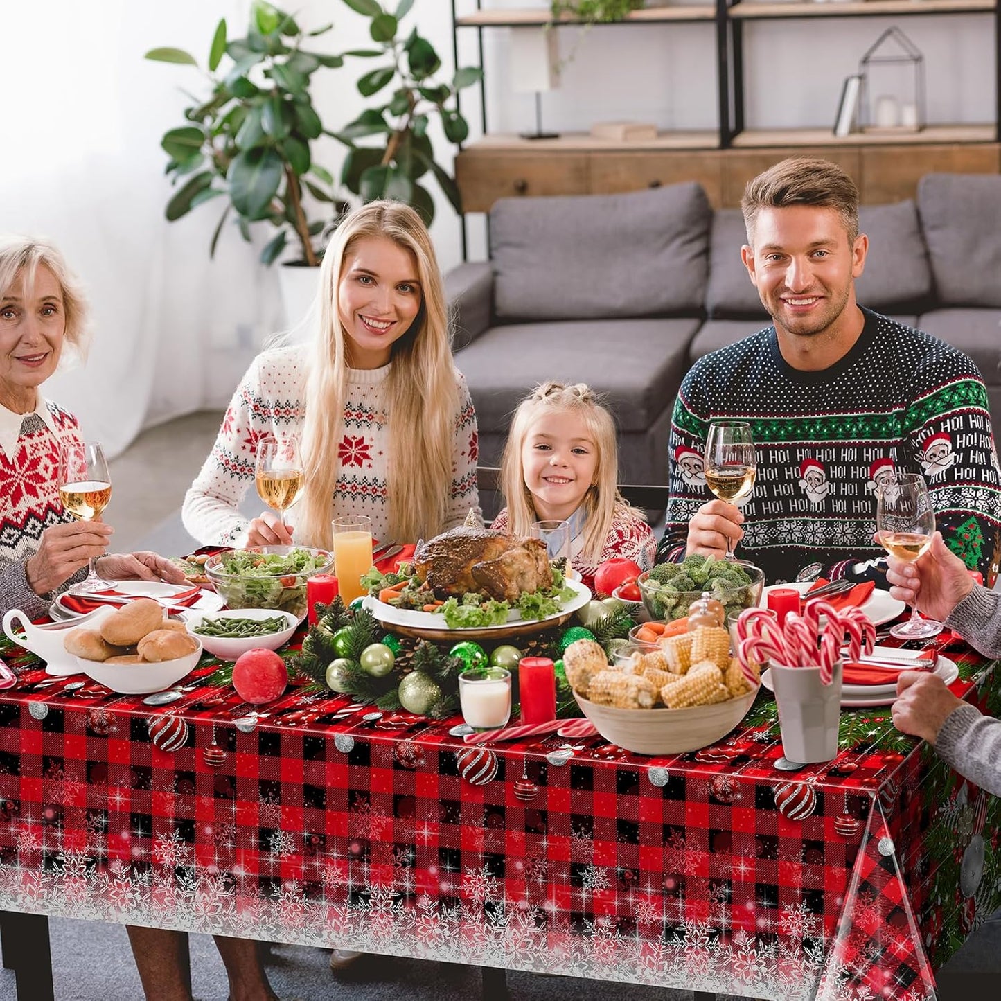 12Pcs Christmas Buffalo Plaid Snowflake Tablecloths,Plastic Red and Black Checkered Rectangle Christmas Tree Color Ball Table Cover for Winter Christmas New Year Holiday Party Decorations,54x108 inch