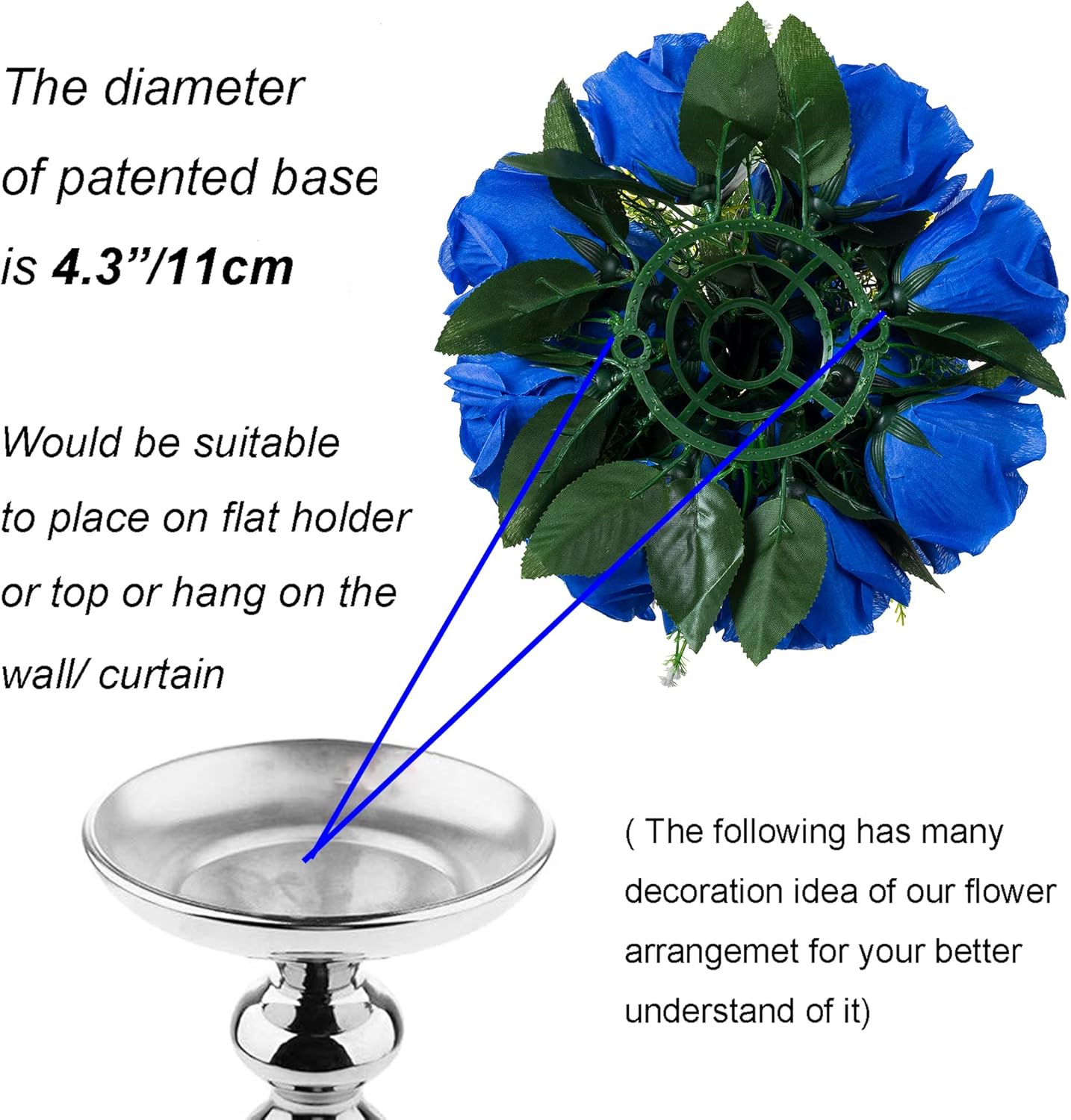 BLOSMON Blue Flowers Artificial for Decoration: 2 Pcs Fake Roses Flower Balls Centerpiece for Wedding Table - Silk Kissing Bouquet with Base Floral Arrangement for Home Party Event Decor
