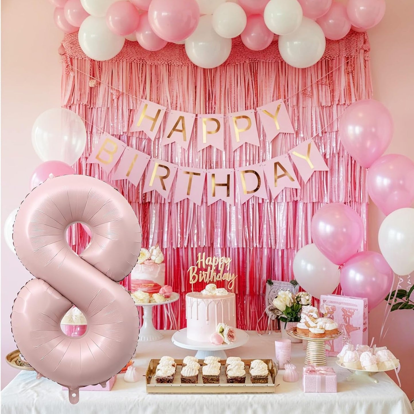 Pastel Pink 8 Balloons, 40" Giant Helium Foil Number Balloon 0-9 Blush Pink Number Balloon 8 for Girls, Self Inflating Digit 8 Balloons for 8th Birthday Women Anniversary Princess Party Decorations