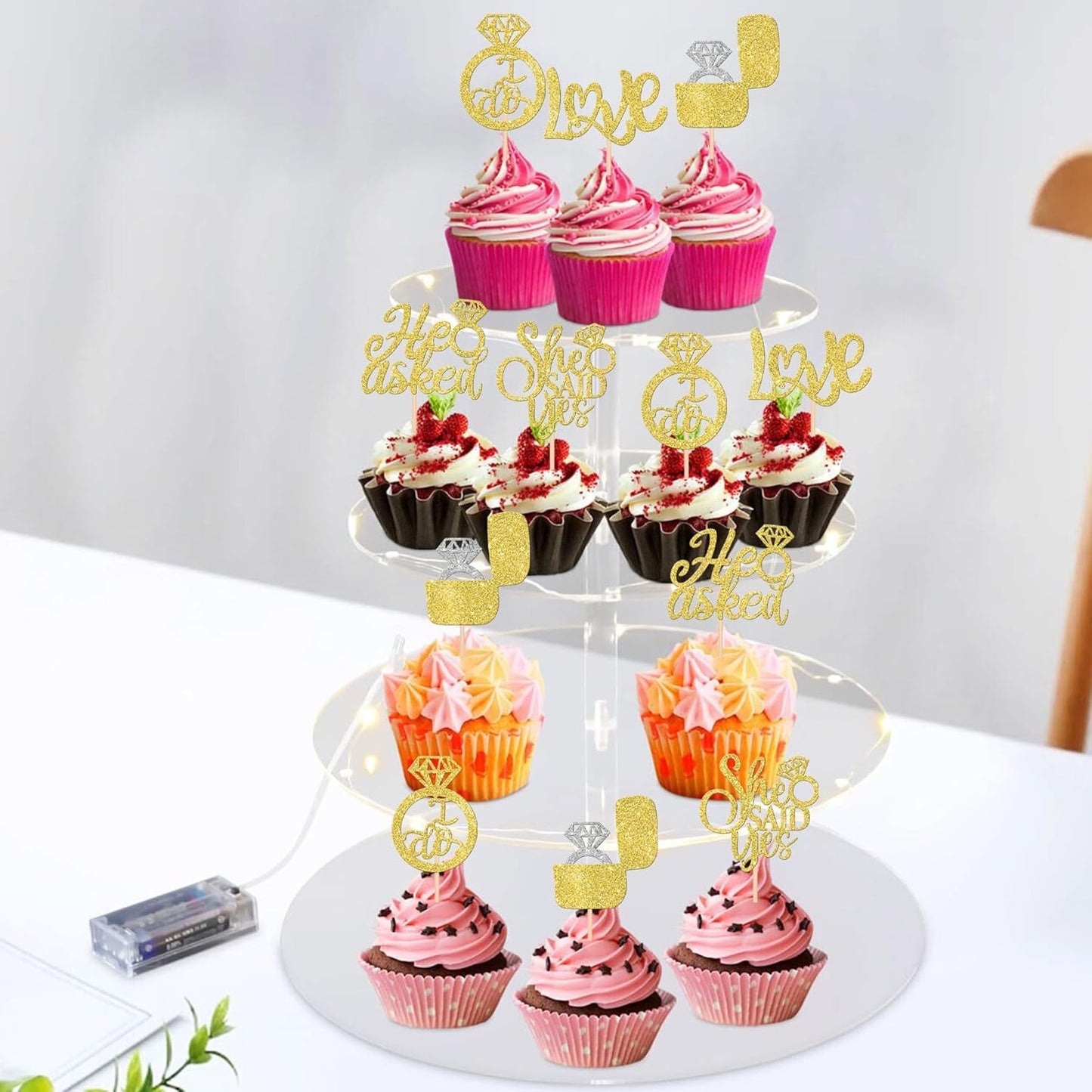 30 PCS He Asked She Said Yes Cupcake Toppers Love I Do Diamond Ring Cupcake Picks for Wedding Enaggement Bridal Shower Party Cake Decorations Supplies Gold