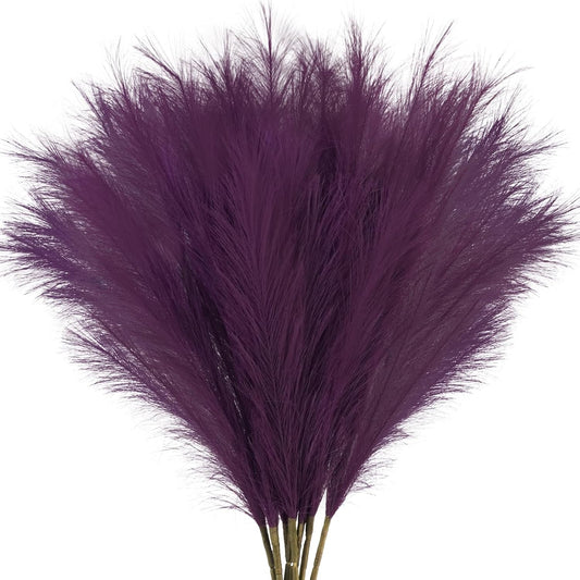 35" Faux Pampas Grass Decor, 8pcs Large Tall Fluffy Artificial Pompous Grass Branches Floral Fake Pompas Grass Bulrush Floor Vase Filler Flower Arrangement for Home Wedding Boho Decor, Purple