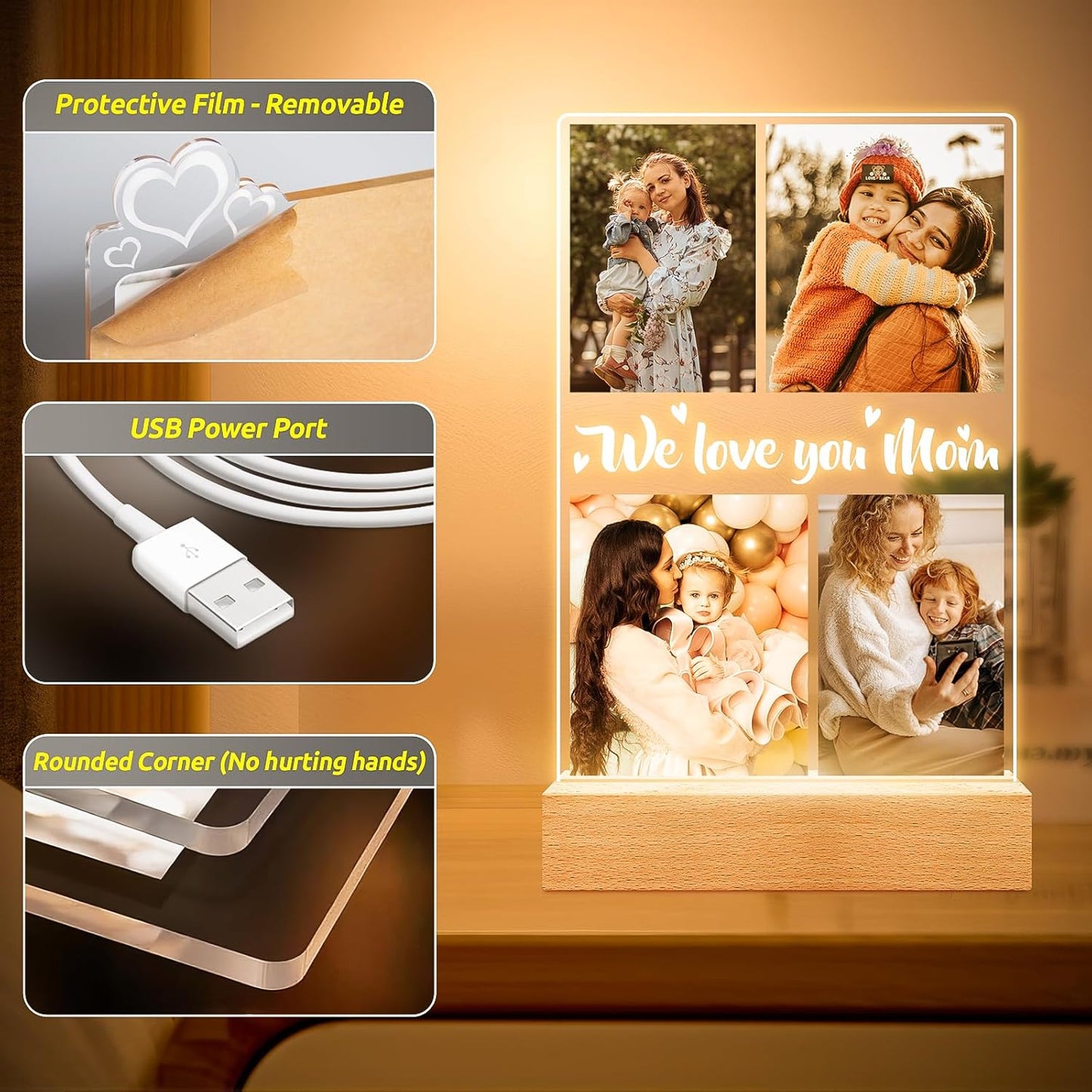 Personalized Picture Frame with Night Light, Customized Photo Frame with Photos, Customized Photo Gifts for Mom Girls Boys, Personalized Birthday Gifts for Mom, Kids, Baby, Family