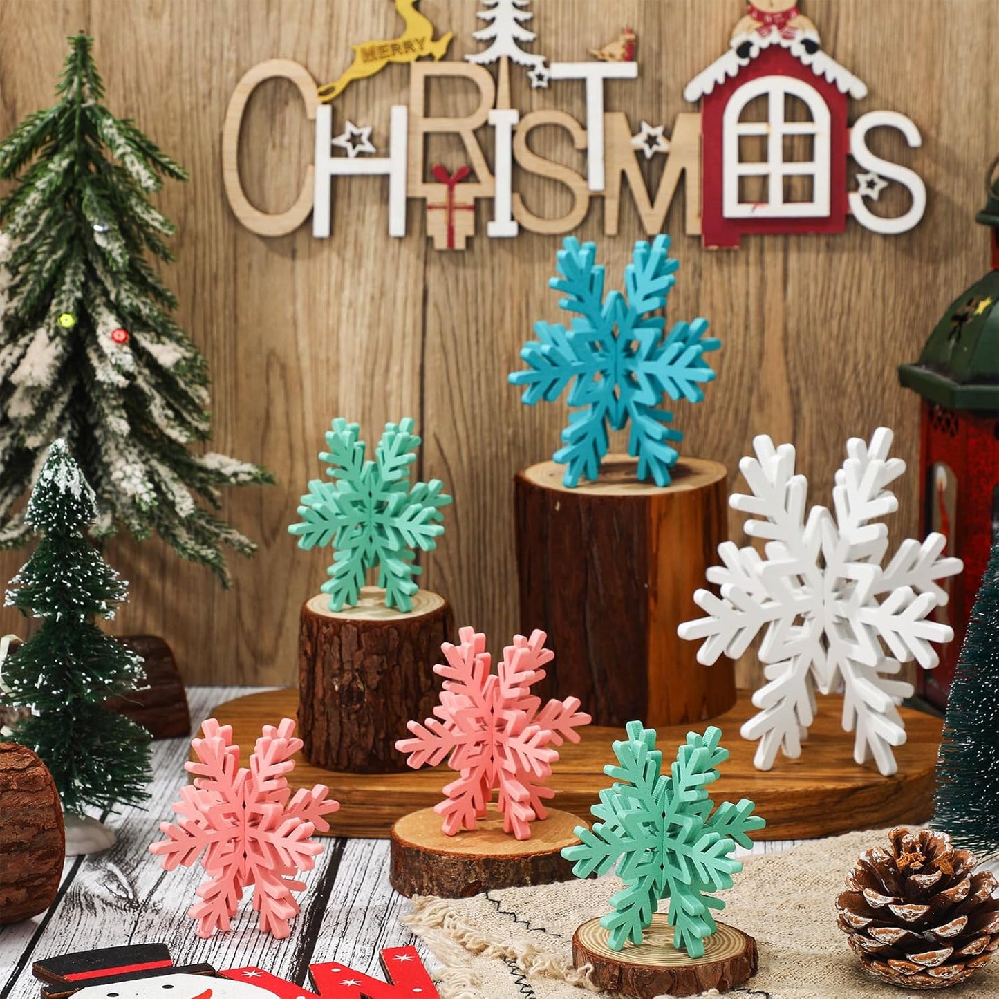 Bucherry 12 Pcs Wooden Snowflake Table Decor 3D Snowflake Tabletop Signs and Centerpiece for Christmas Xmas Winter Wonderland Decorations Home Party(Pink, Green, Blue, White)