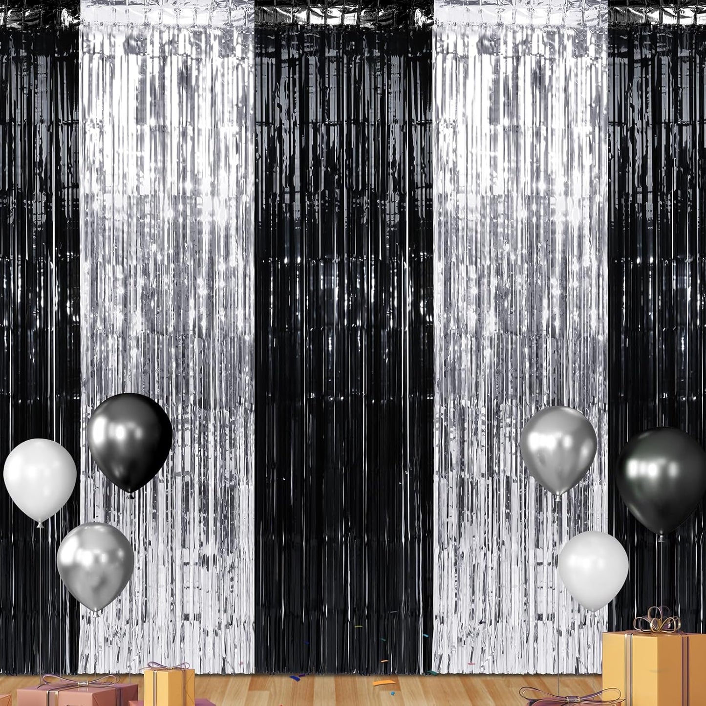 3 Pack 3.3Ft x 6.6Ft Graduation Foil Fringe Curtain Backdrop Decorations, Black Silver Metallic Tinsel Foil Streamers Curtain Photo Background for Graduation Prom Wedding Birthday Party Decorations