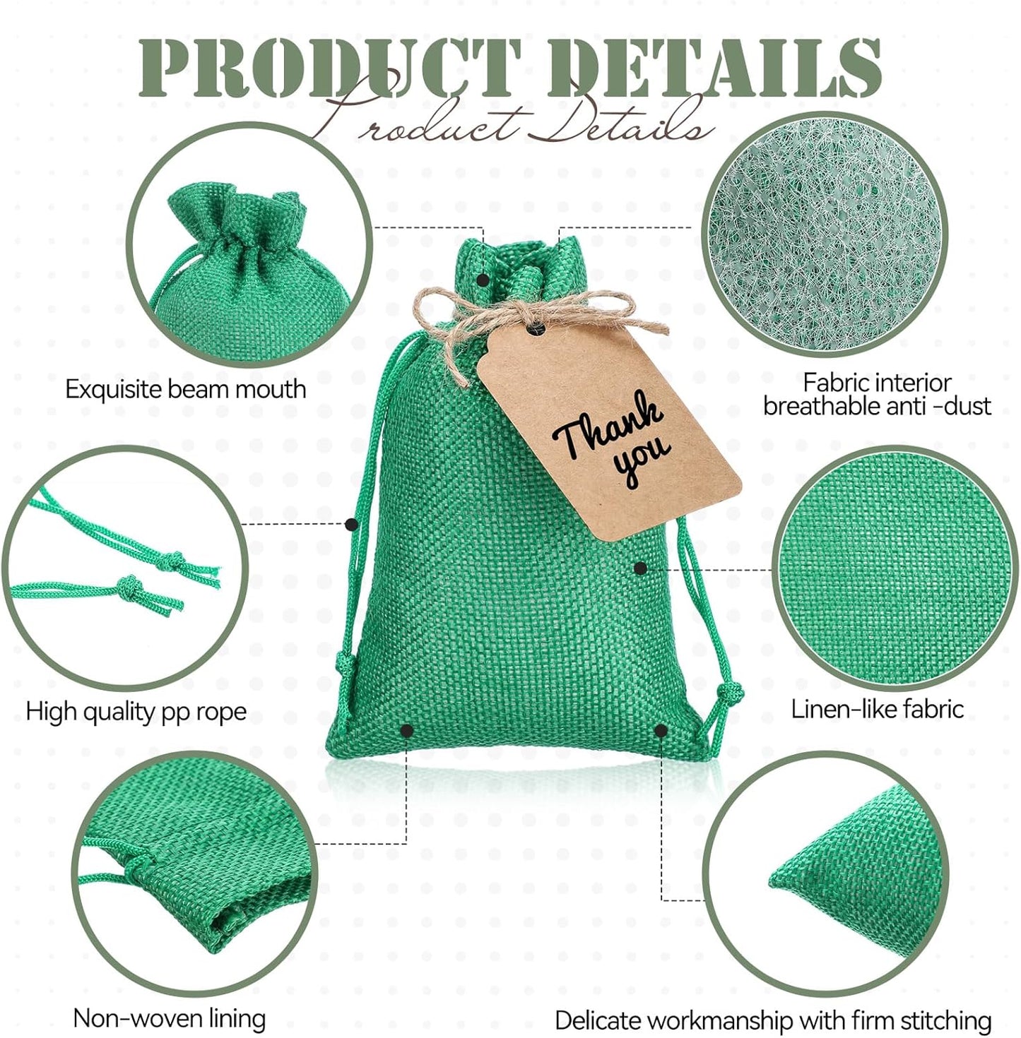 Woanger 100 Pcs Burlap Gift Bags with 100 Pcs Kraft Paper Gift Tags Drawstring Favor Bulk Burlap Sack Bags for DIY Wedding Party Craft(4 x 6 Inch,Mint, Grass, Army, Dark Green)