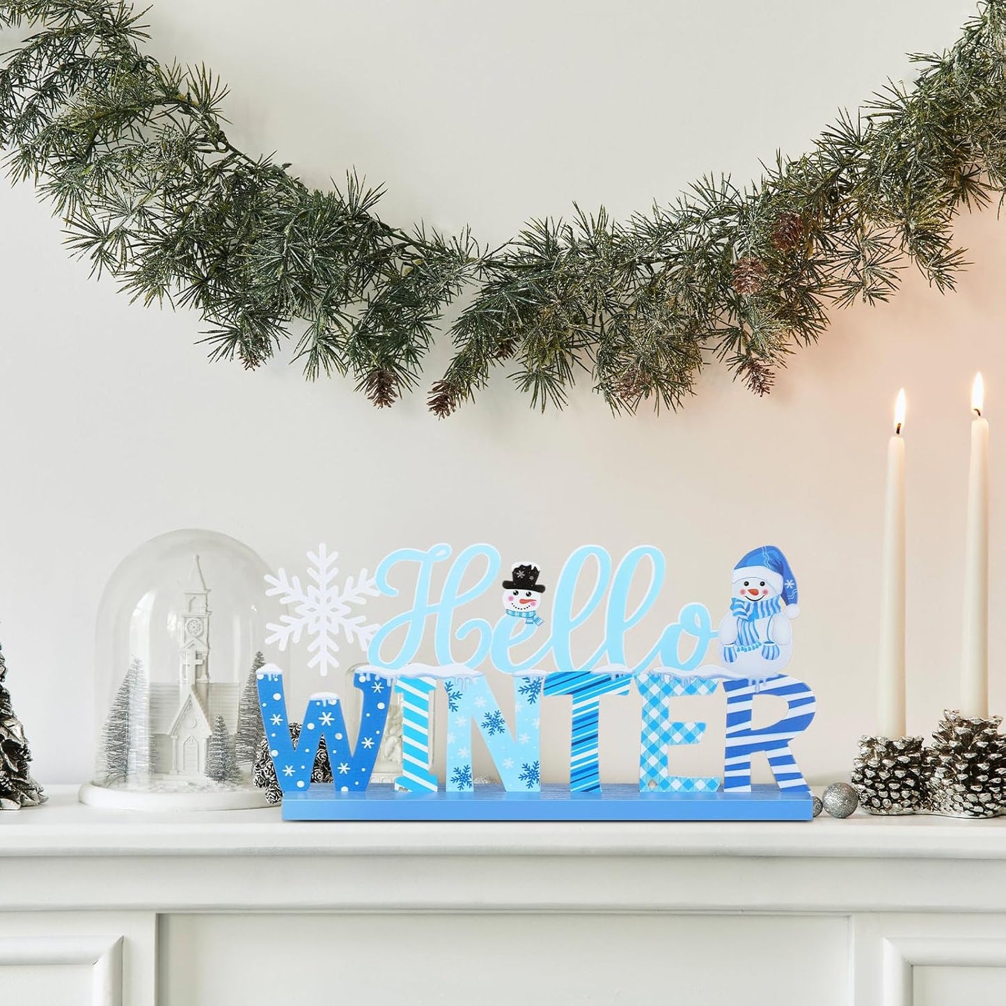 Winter Metal Sign Hello Winter Table Decor Christmas Tiered Tray Decor with Wooden Base Metal Blue and White Snowman Snowflake for Xmas Home Tabletop Centerpiece Mantel Shelf Fireplace