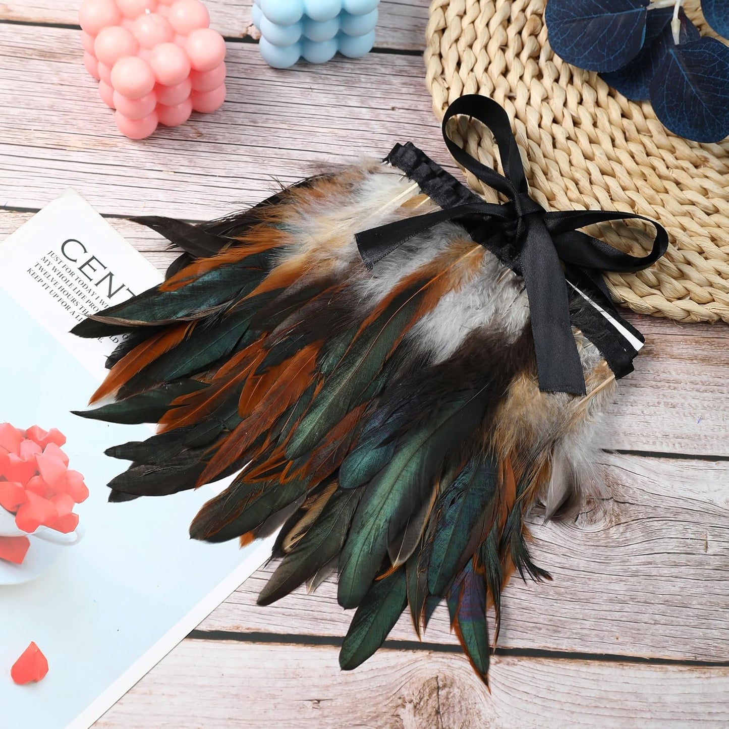 Holmgren Natural Rooster Feather Trim - 2 Yards 5-7inch Rooster Feathers Fringe Trim for Feather Shawl Cape, Gloves, Dress Costume and Home Party Decoration (Natural)