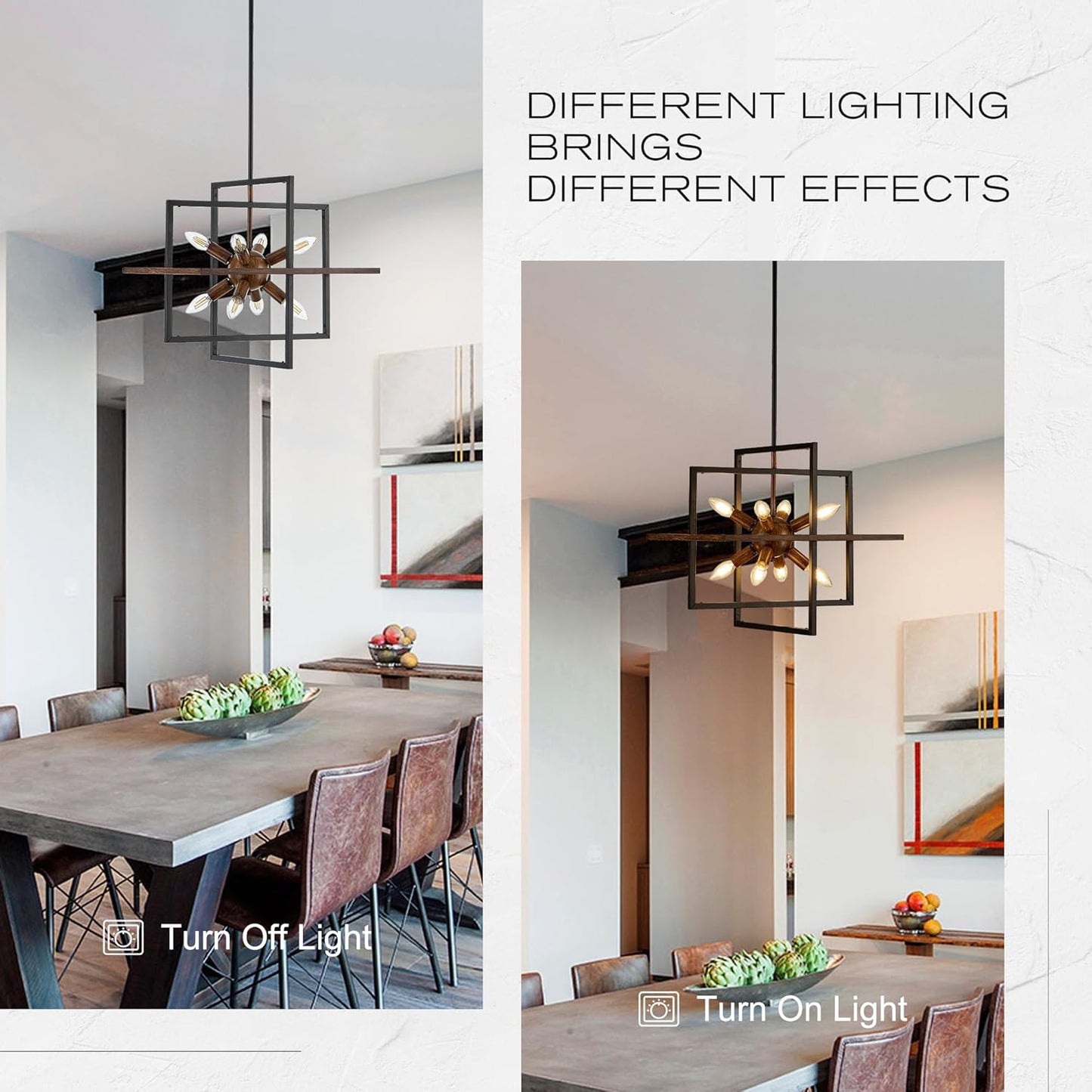 8-Light Wood Grain and Vintage Black Sputnik Chandelier, 18.9'' Industrial Pendant Lighting Fixture for Dining Room