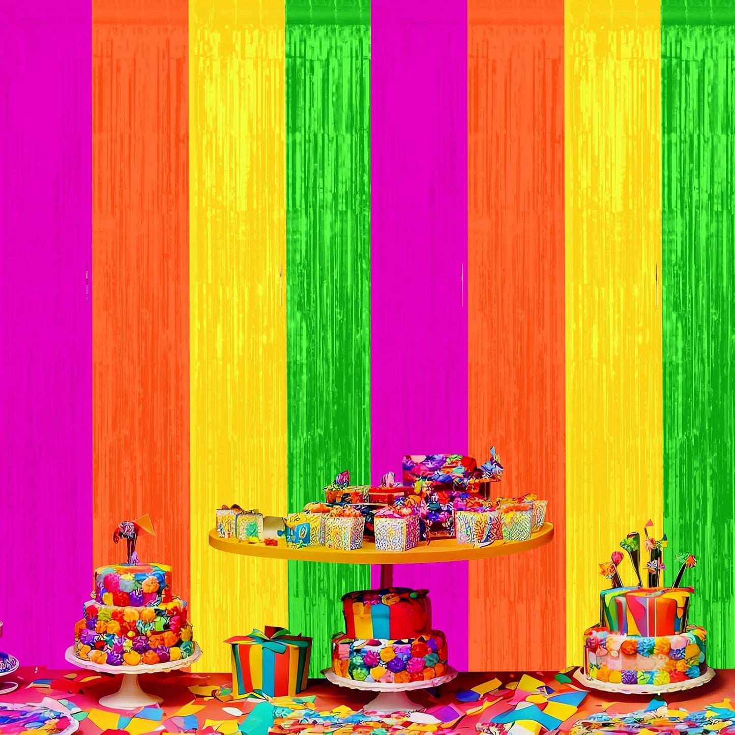 4Pack 3.3Ft x 6.6Ft Multi-Color Glow in the Dark Foil Fringe Curtain Backdrop Party Supplies, Fluorescent Macaron Metallic Tinsel Foil Streamers Curtain Photo Booth for Neon Birthday Party Decorations