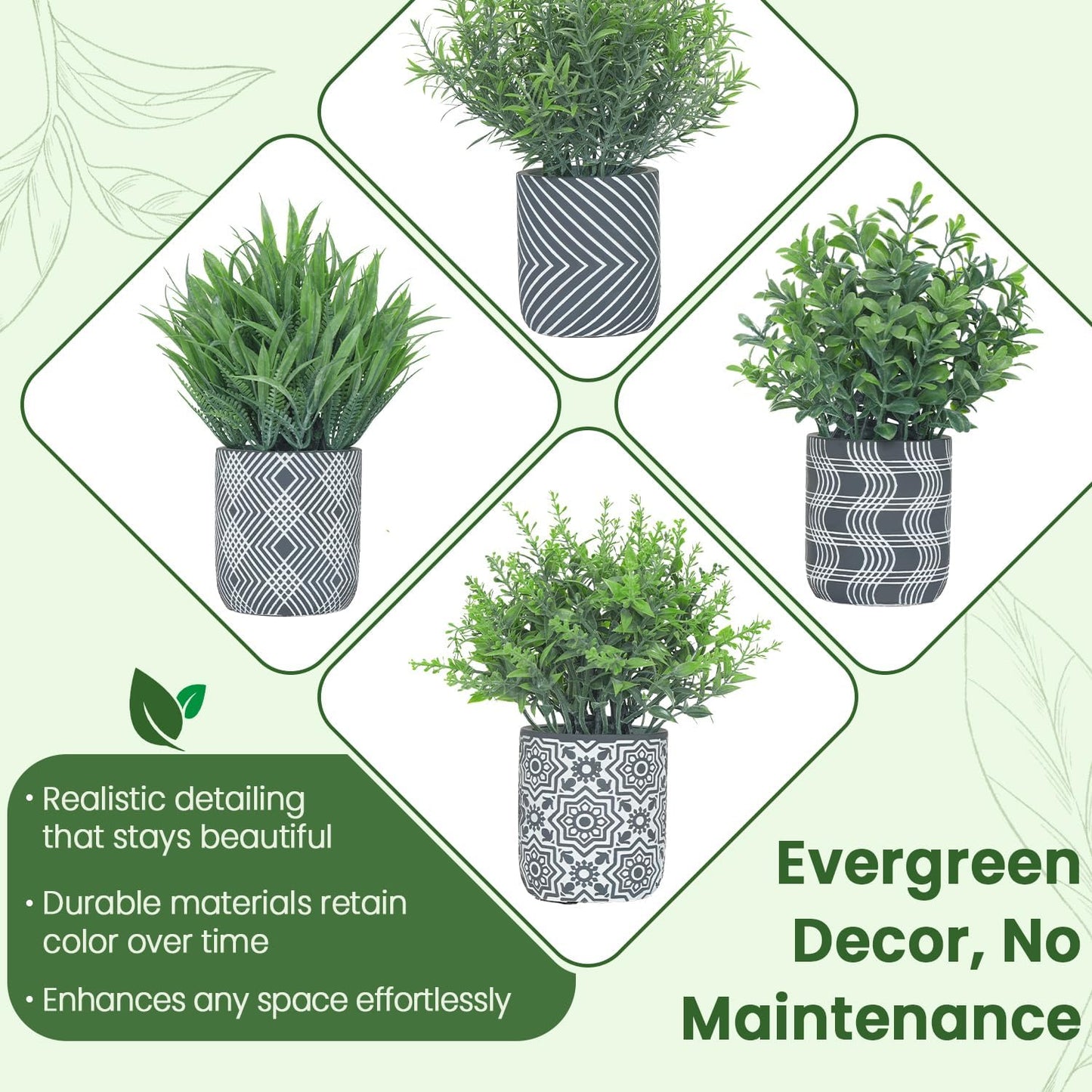 4 Pack Small Fake Plants, Fake Grass Plant, Artificial Boxwood & Rosemary, Lavender with Geometric Pattern Cement Pots, Small Potted Faux Greenery for Home Decor, Office, Indoor&Outdoor Decor