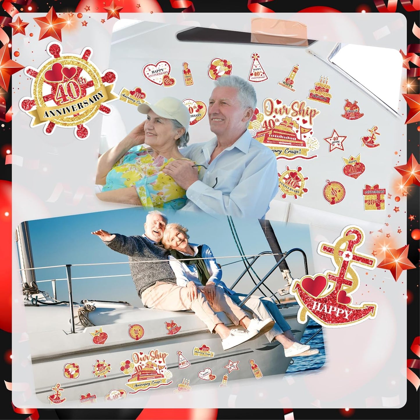 40th Anniversary Cruise Door Magnets Decorations Red Gold Happy 40th Anniversary Cruise Ship Door Decor Magnetic for Married in 1985 Men Women Wedding Party Refrigerator Fridge Car Kitchen Garage