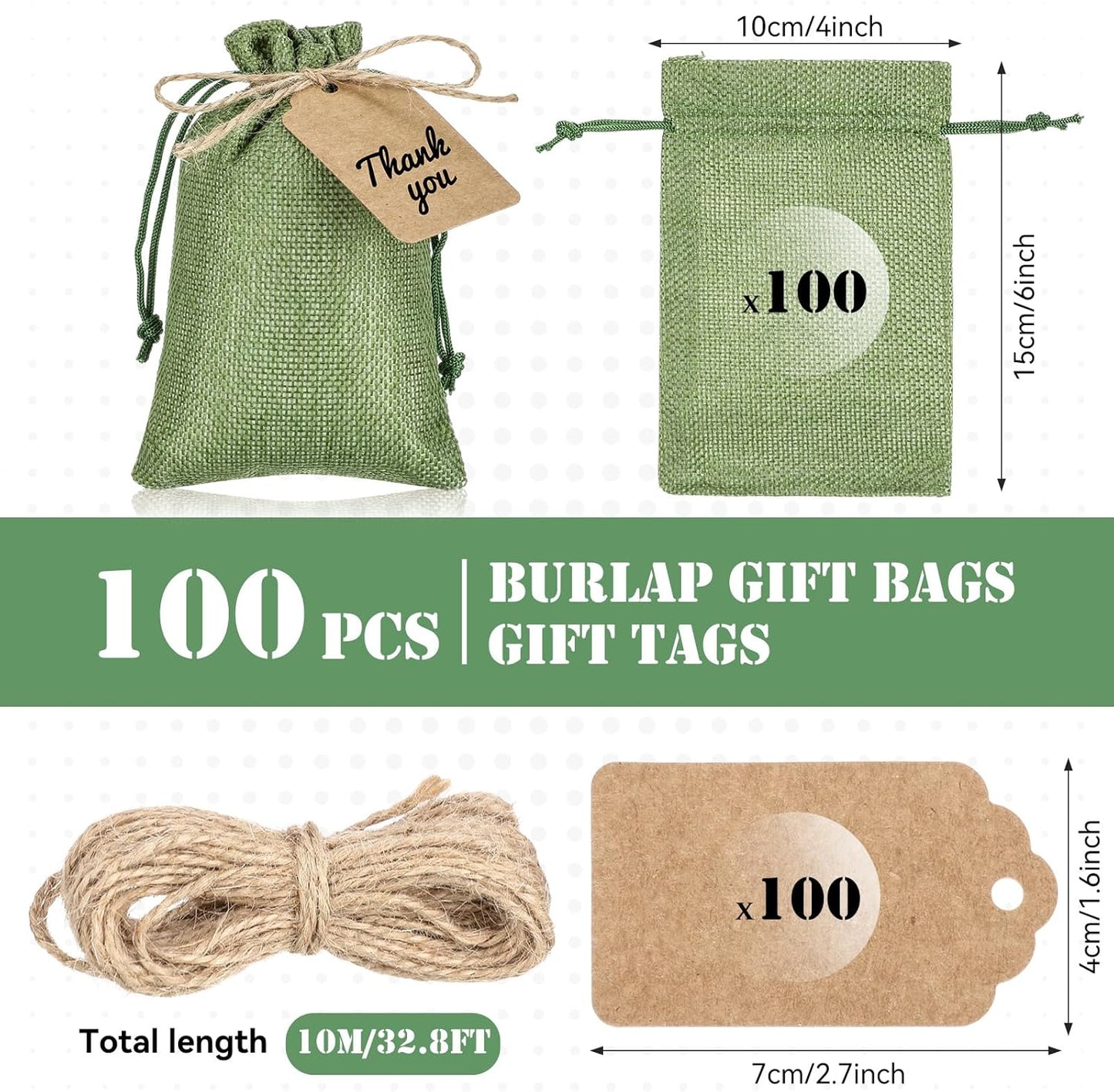 Woanger 100 Pcs Burlap Gift Bags with 100 Pcs Kraft Paper Gift Tags Drawstring Favor Bulk Burlap Sack Bags for DIY Wedding Party Craft (4 x 6 Inch,Army Green)