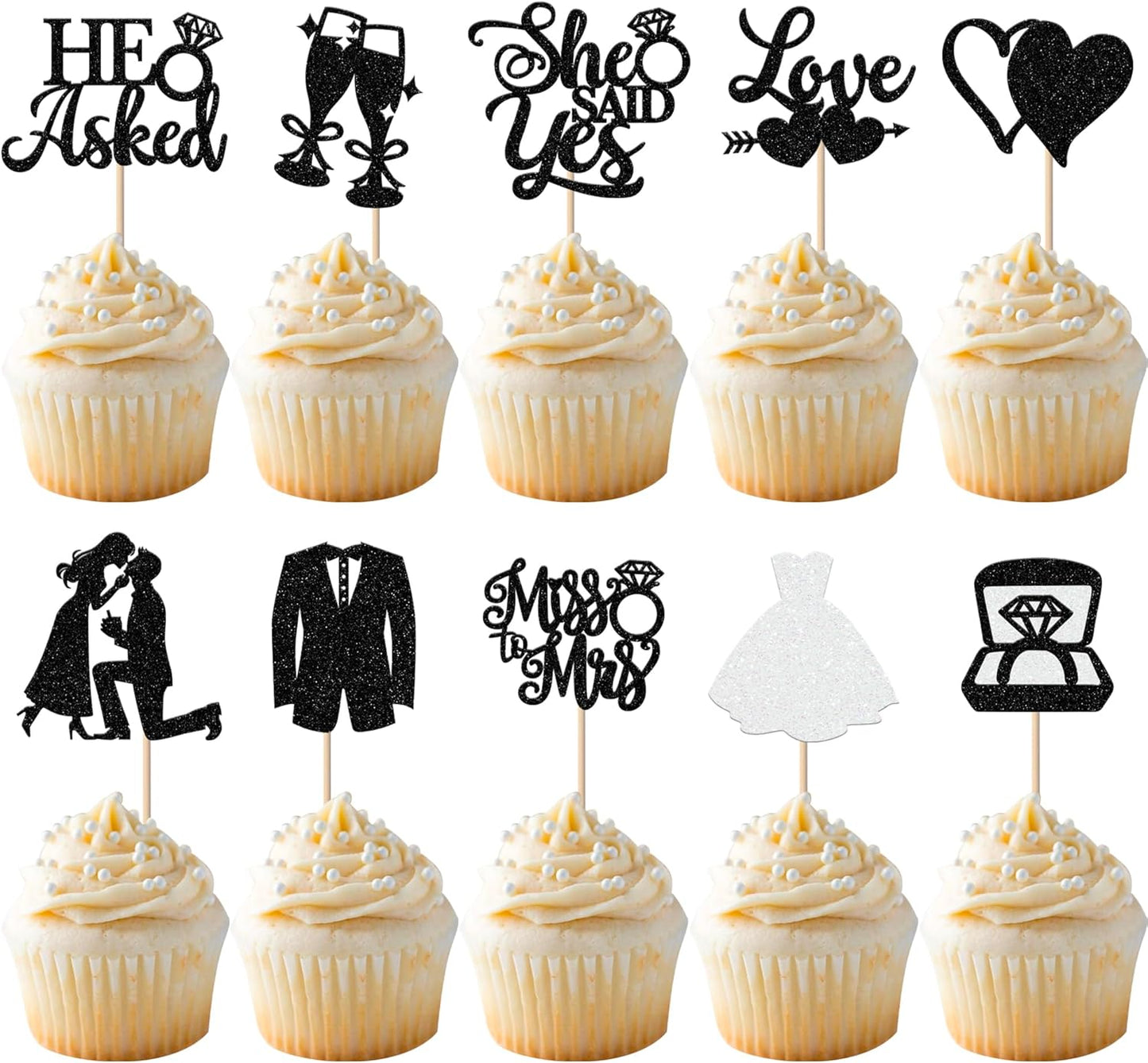 30 Pack Bride to be Cupcake Toppers Glitter Diamond Ring Love I Do Cupcake Picks Miss to Mrs He Asked She Said Yes Bridal Shower Wedding Engagement Bachelorette Cake Decorations Party Black