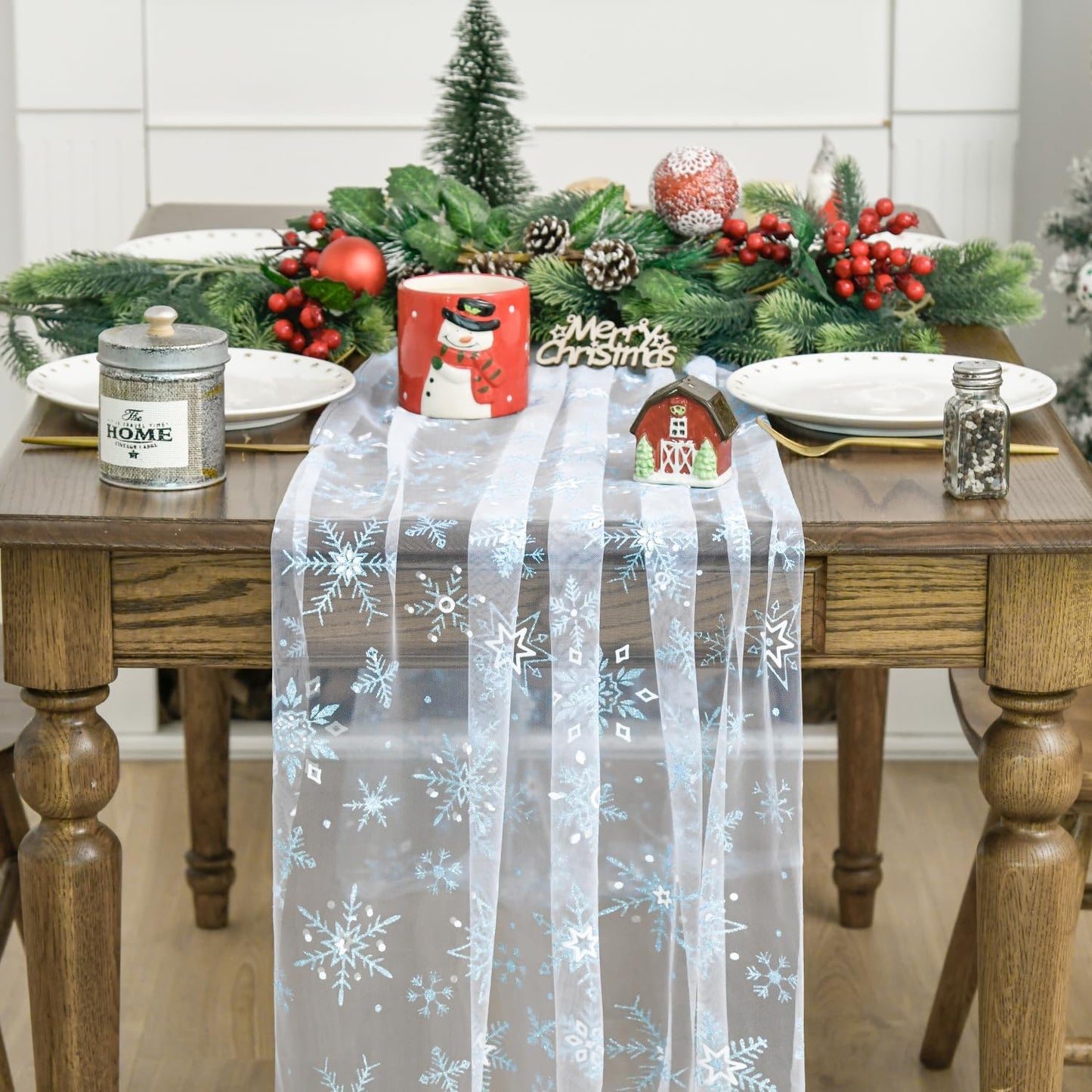 Artoid Mode Blue Snowflakes Merry Christmas Gauze Table Runner 120 Inch 10FT, Winter Seasonal Sheer Dining Holiday Wedding Table Decor for Home Party