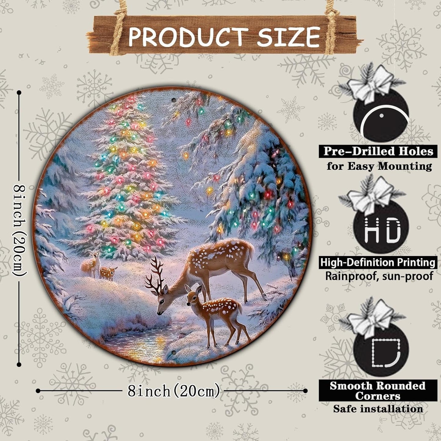 Christmas Tree Decor Round Metal Tin Sign Christmas Deer Vintage Tin Sign for Home Coffee Wall Decor for Christmas Family Wall Decoration 8 * 8 in