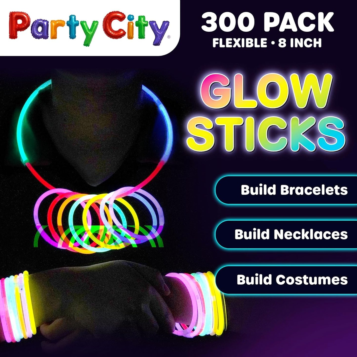 Party City 300 Glow Sticks Bulk Party Pack 8”– Neon Glow in the Dark Party Supplies, Glowsticks with Connectors Bracelets & Necklaces, Light Up Favors for Kids, Adults, Birthdays, Parties, Decorations