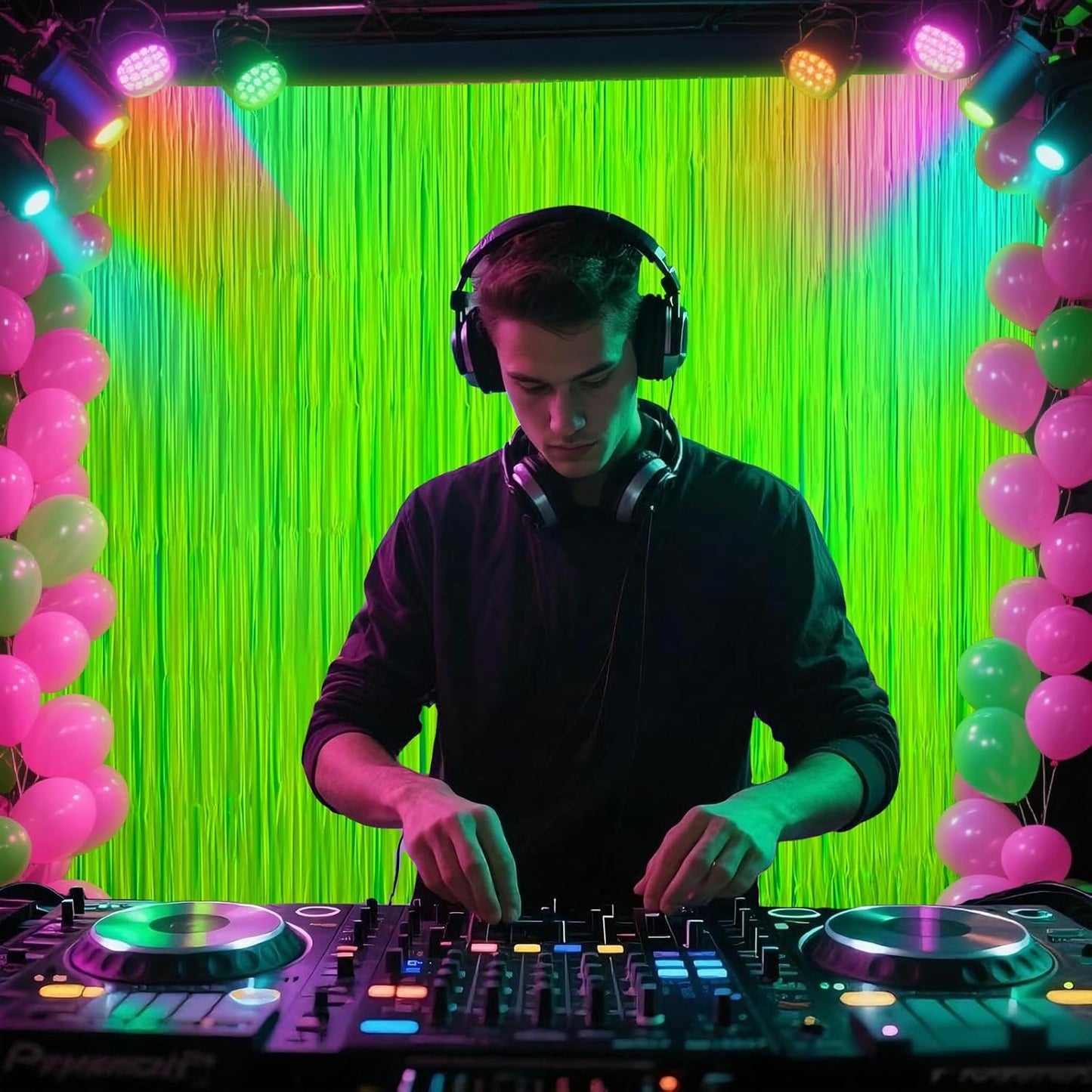 CANREVEL Glow in The Dark Party Supplies, 2 Pack 3.3x6.6 Feet Fluorescent Macaron Yellow Foil Fringe Backdrop Curtains, Tinsel Streamers for Birthday Party Blacklight Decorations