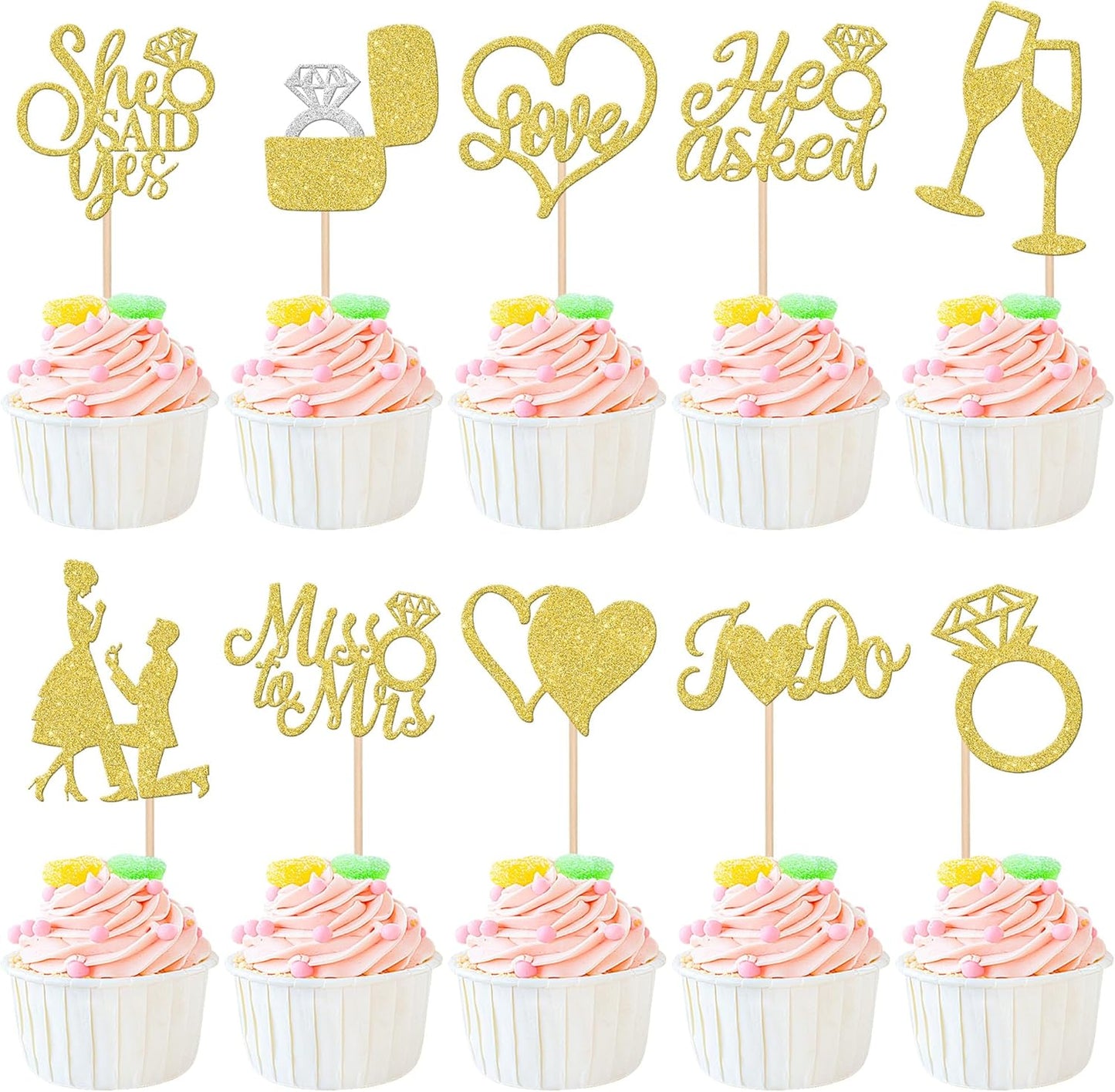 30 PCS He Asked She Said Yes Cupcake Toppers Glitter Engagement Cupcake Toppers Miss to Mrs I Do Love Heart Ring Miss to Mrs Cupcake Picks for Wedding Engagement Party Cake Decorations Supplies Gold
