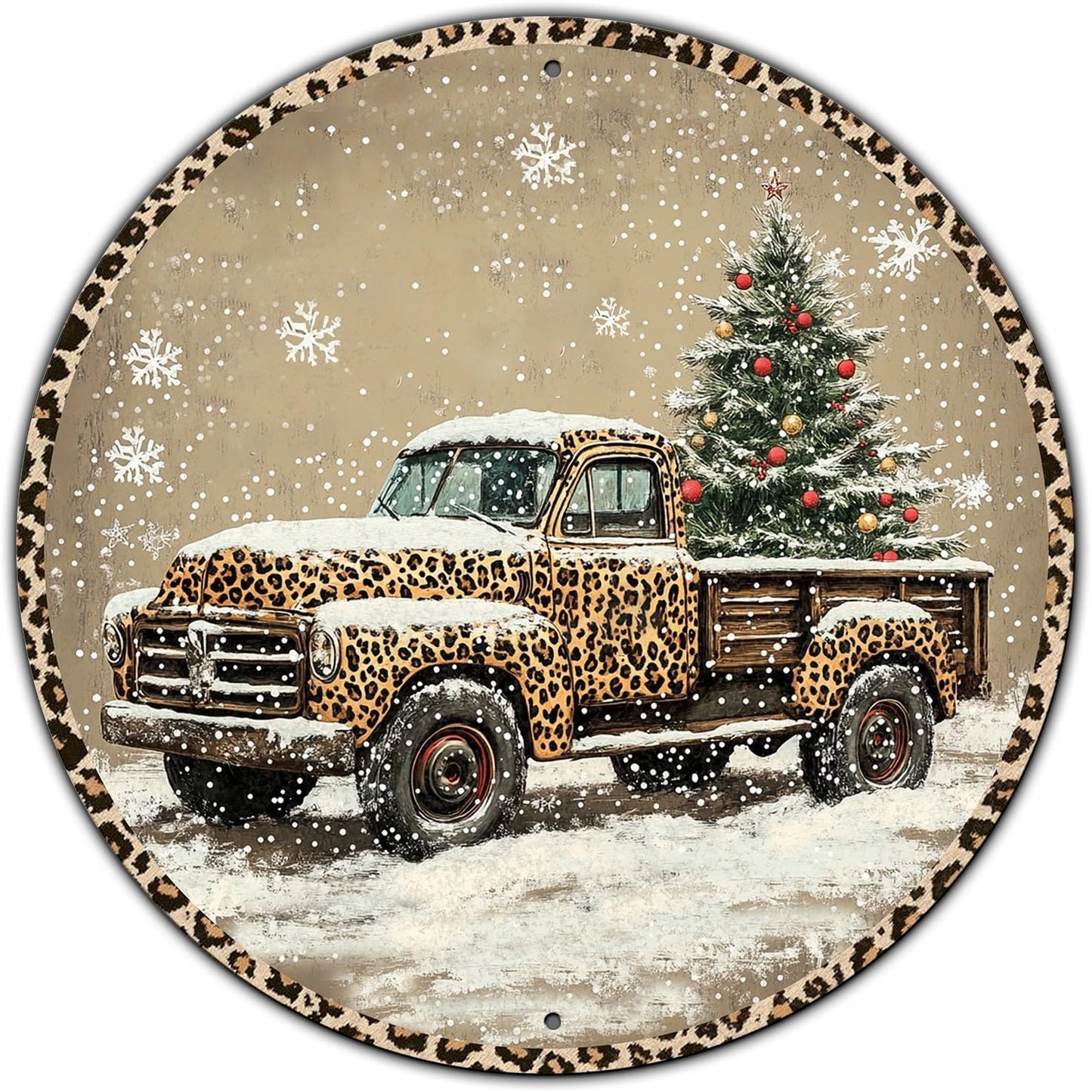Round Leopard Truck Metal Tin Sign Rustic Wall Decor Christmas Wreath Sign Christmas Wreath Door Hanging Wall Decoration Bar Home Round 8 * 8 in