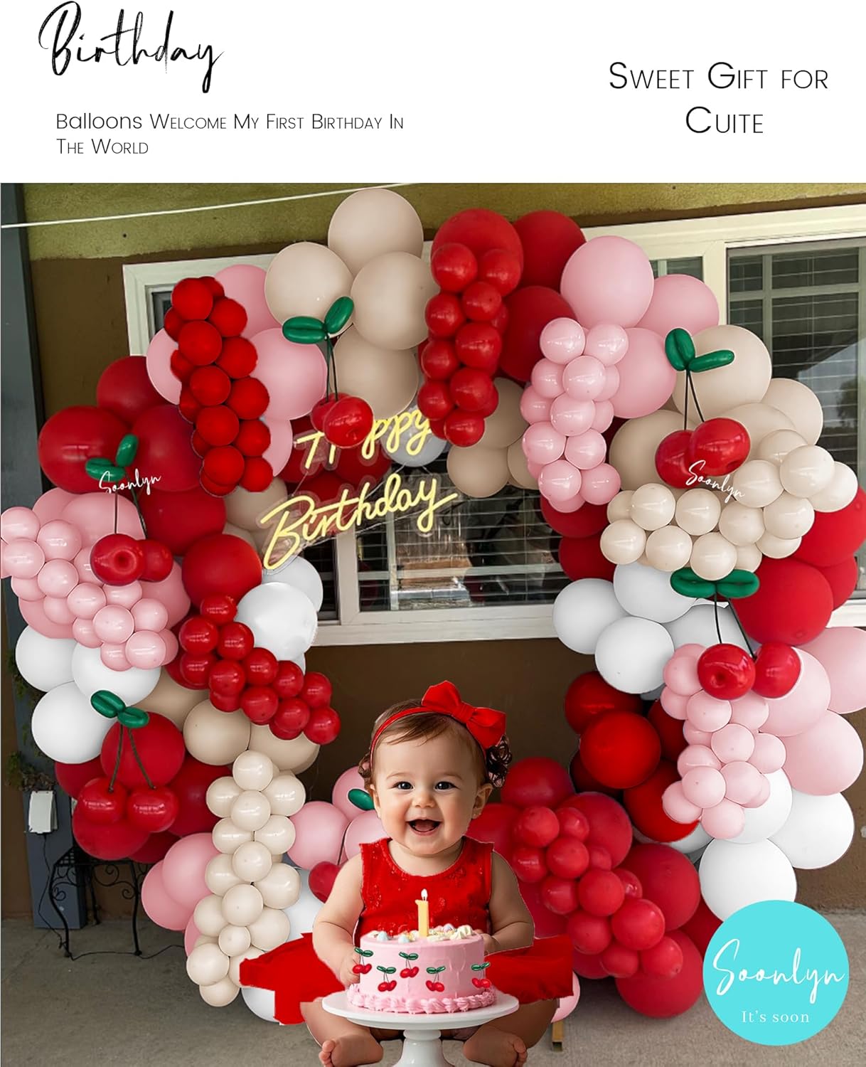 Soonlyn Cherry Balloons Arch kit 200Pcs 12In Cherry Birthday Decorations Red Pink White Balloons Long Green Balloon for Cherry on Top Baby Shower Bridal Shower Decorations