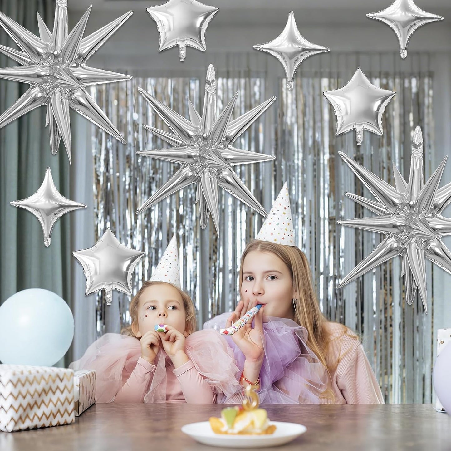 Silver Star Balloon,16Pcs Star Foil Balloons Set with 22Inch Explosion Spike Cone Balloons and 10Inch Quadrangle Helium Balloon for Birthday Wedding Baby Shower Party Decorations