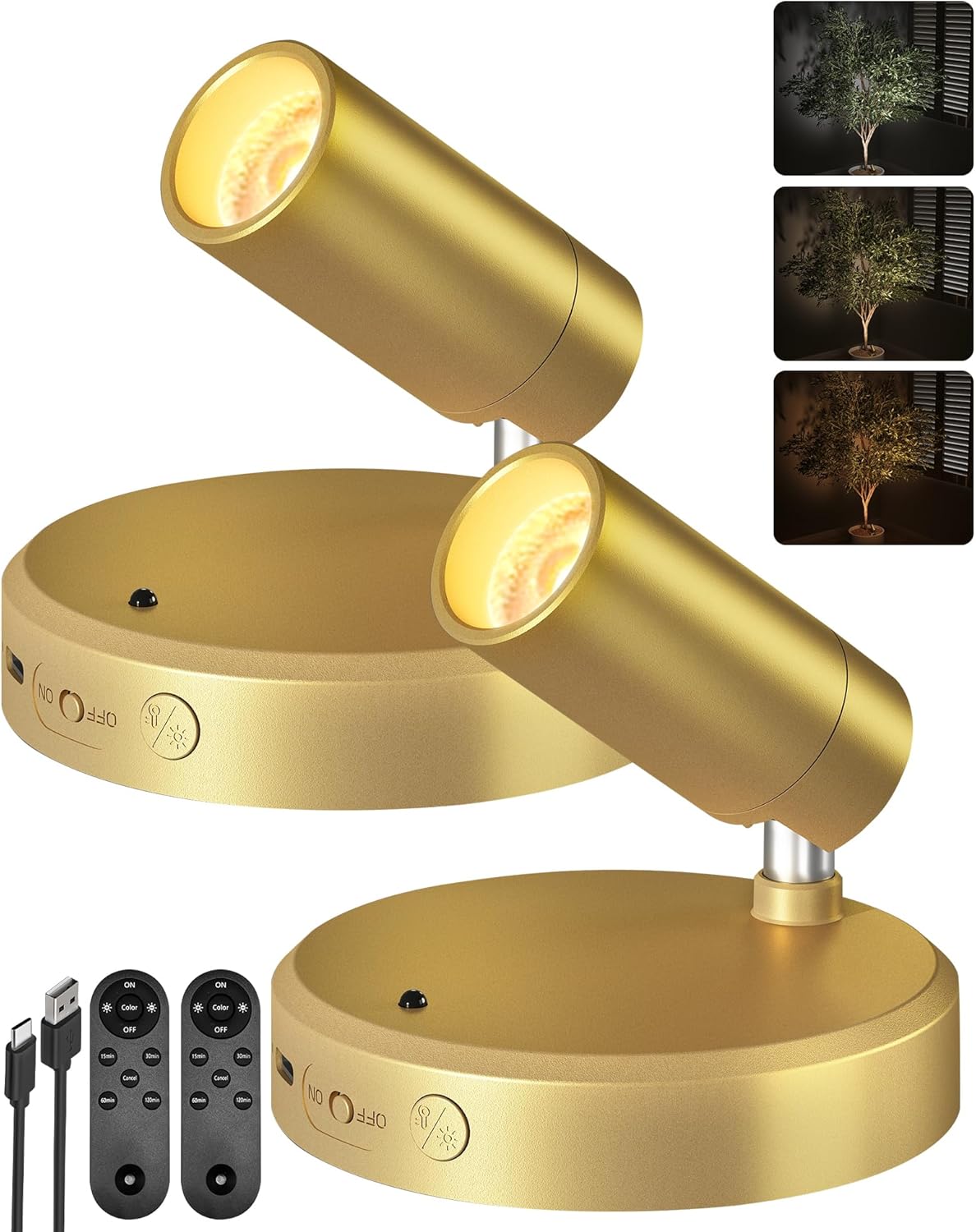 EZVALO LED Spotlight Indoor, 5500mAh Rechargeable Battery Uplighting Indoor, Wireless Mini Art Accent Spot Lights with Remote, for Plants Display Painting Dartboard Artwork Portrait Closet(2Pack-Gold)