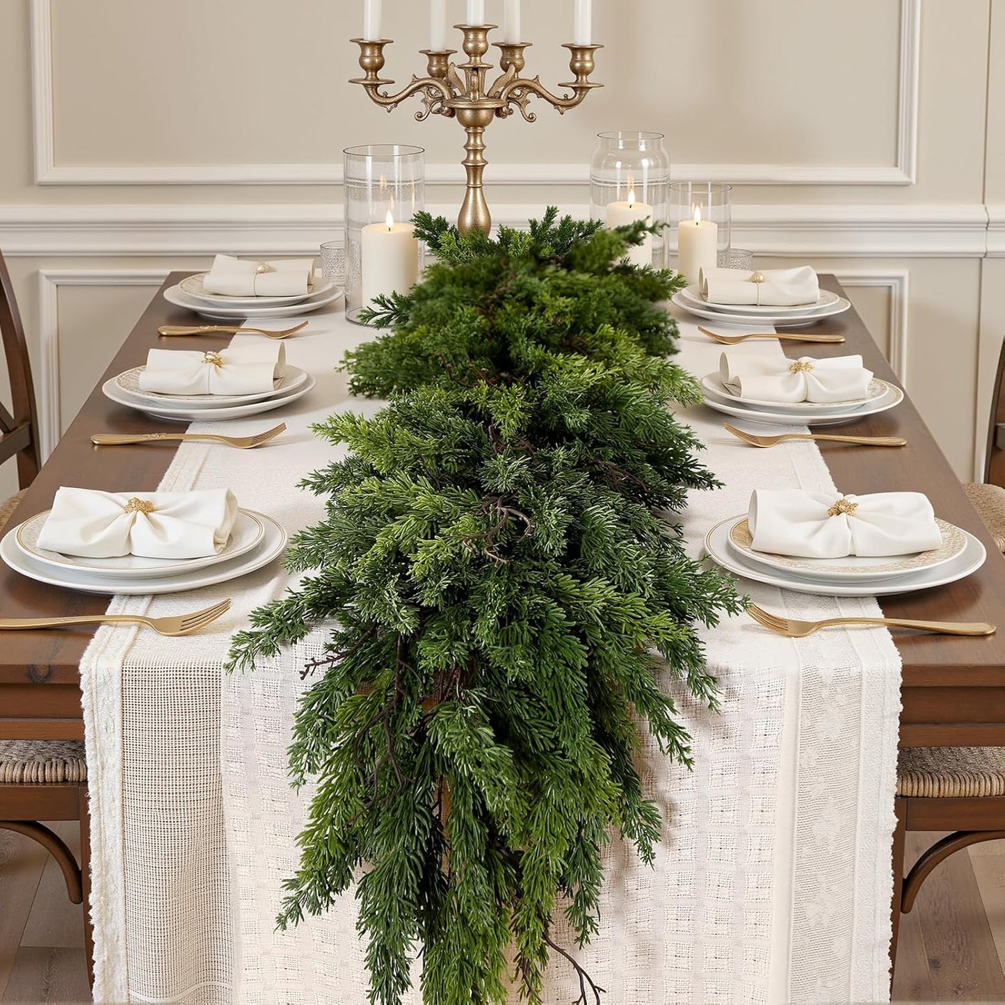 2PCS 6FT Artificial Christmas Garland, Real Touch Greenery Cypress Pine Garland for Mantle Table Railing Fireplace Indoor & Outdoor Christmas Decoration