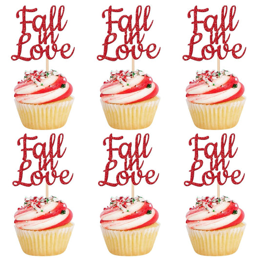 24 PCS Fall in Love Cupcake Toppers Glitter Fall Theme Party Cupcake Picks Bridal Shower Cupcake Decorations for Autumn Wedding Engagement Anniversary Birthday Party Cake Decorations Supplies Red