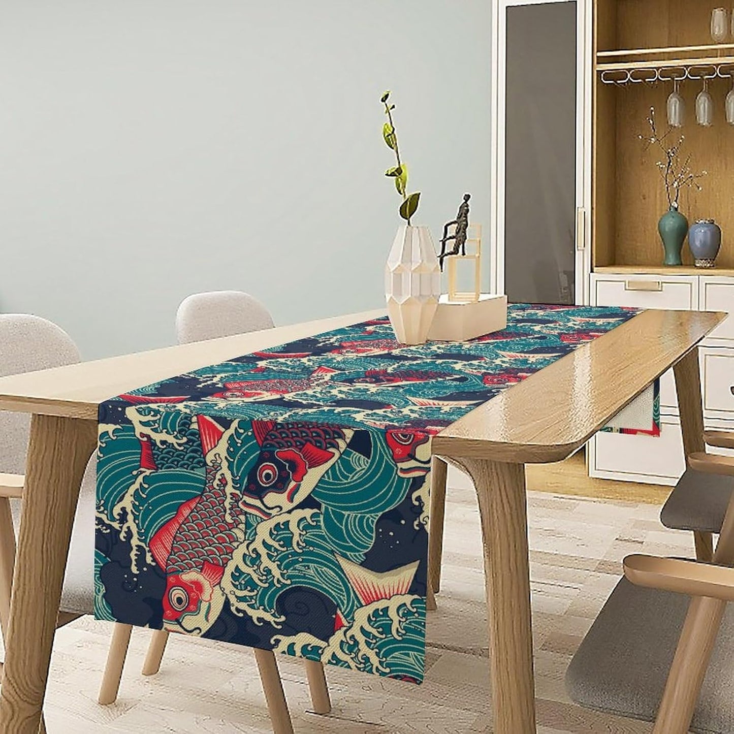 Kio Fish Table Runner Waves Japanese Tradition Art Printed Burlap Runner Home Kitchen Dining Table Living Room Decor Fabric 1 Panel W13xL108in