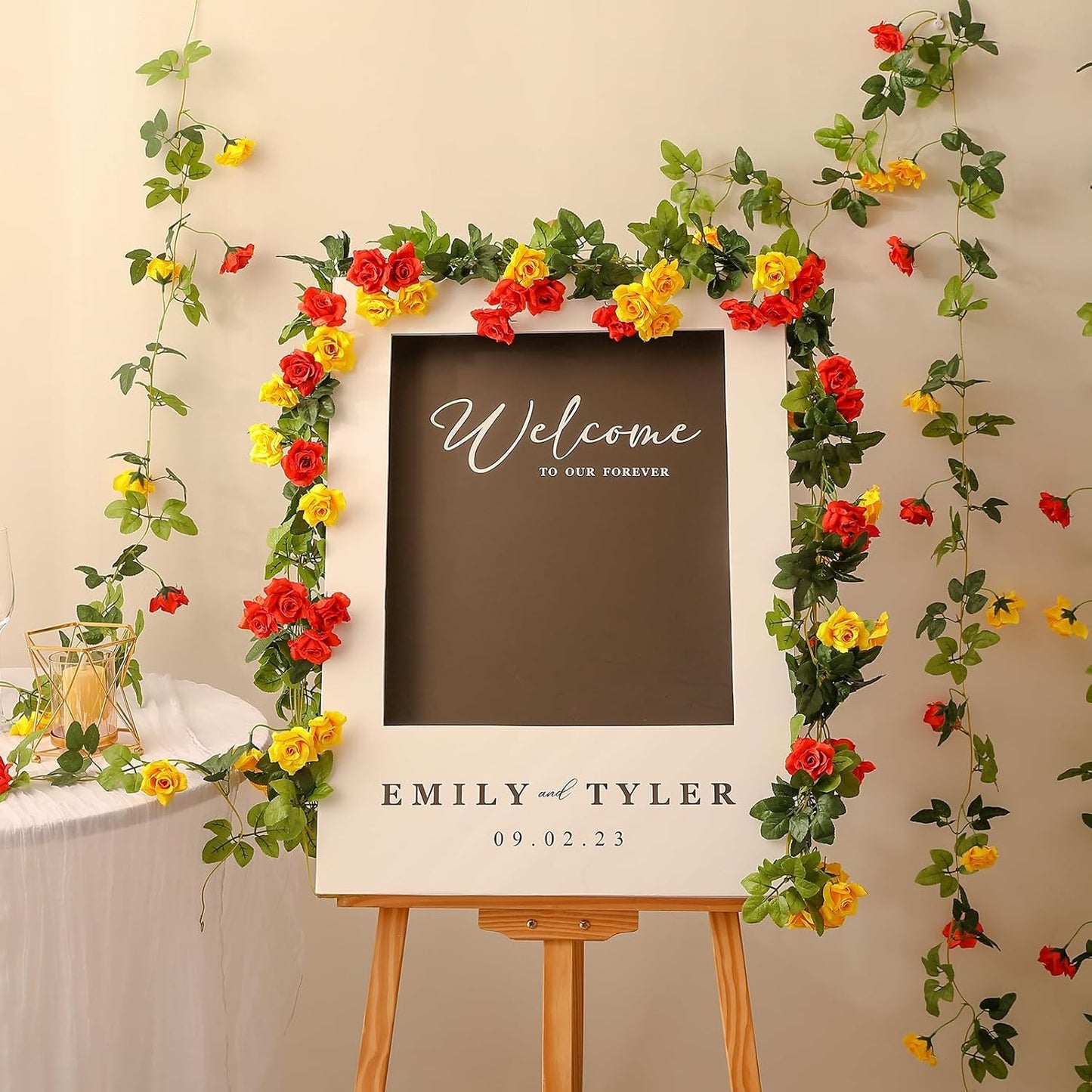 Floweroyal 2 Pack Artificial Flower Garlands 15.8FT Fake Rose Vines Silk Flowers Hanging Rose Ivy for Wedding Arch Party Home Garden Wall Decor (Orange Yellow)