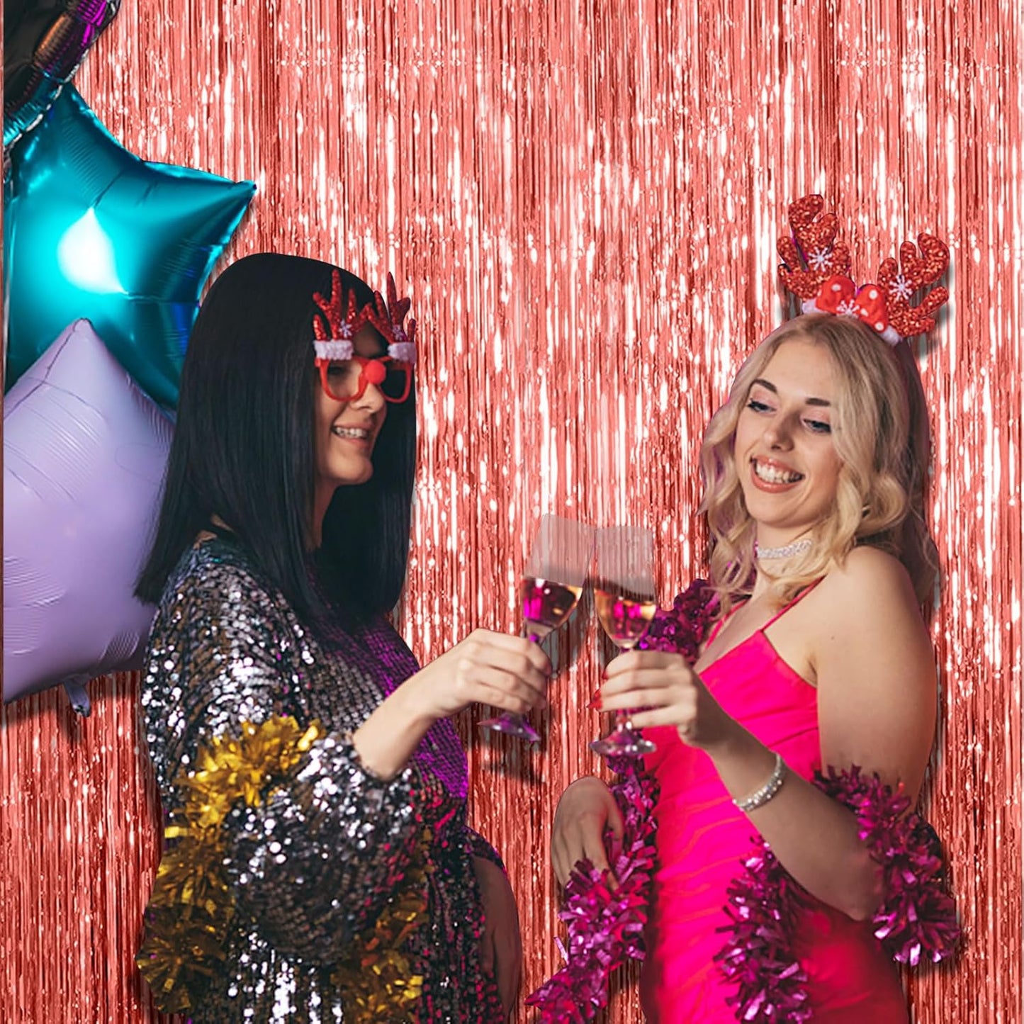 2 Pack Rose Gold Fringe Curtain Backdrop Birthday Bachelorette Party Decorations Metallic Tinsel Streamers Foil Backdrop Christmas Graduation Wedding New Year Party Decorations