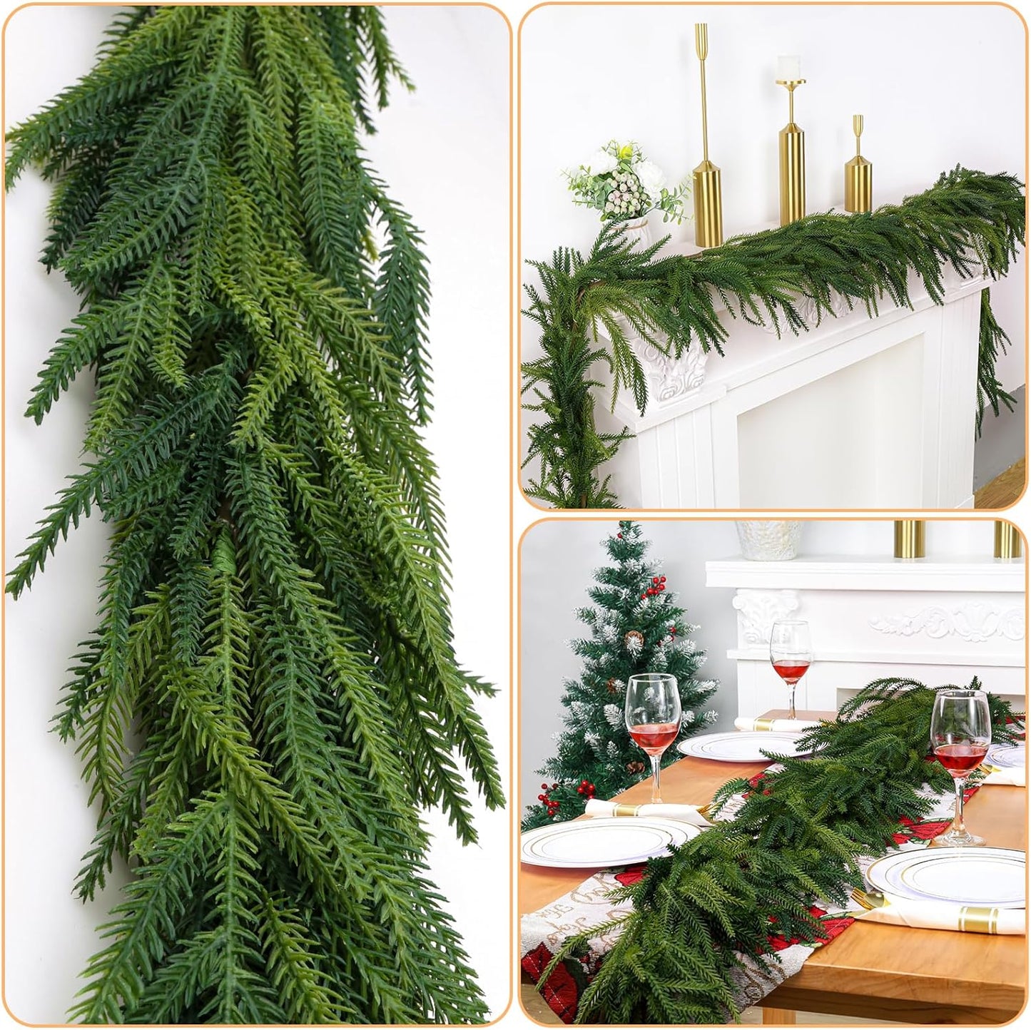 1 Pcs Artificial Norfolk Pine Garlands Christmas, 15 FT Dense Real Touch Winter Pine Garland Ornament, Green Artificial Greenery Garland for Table, Mantle, Wall, Indoor, Outdoor Christmas Decorations