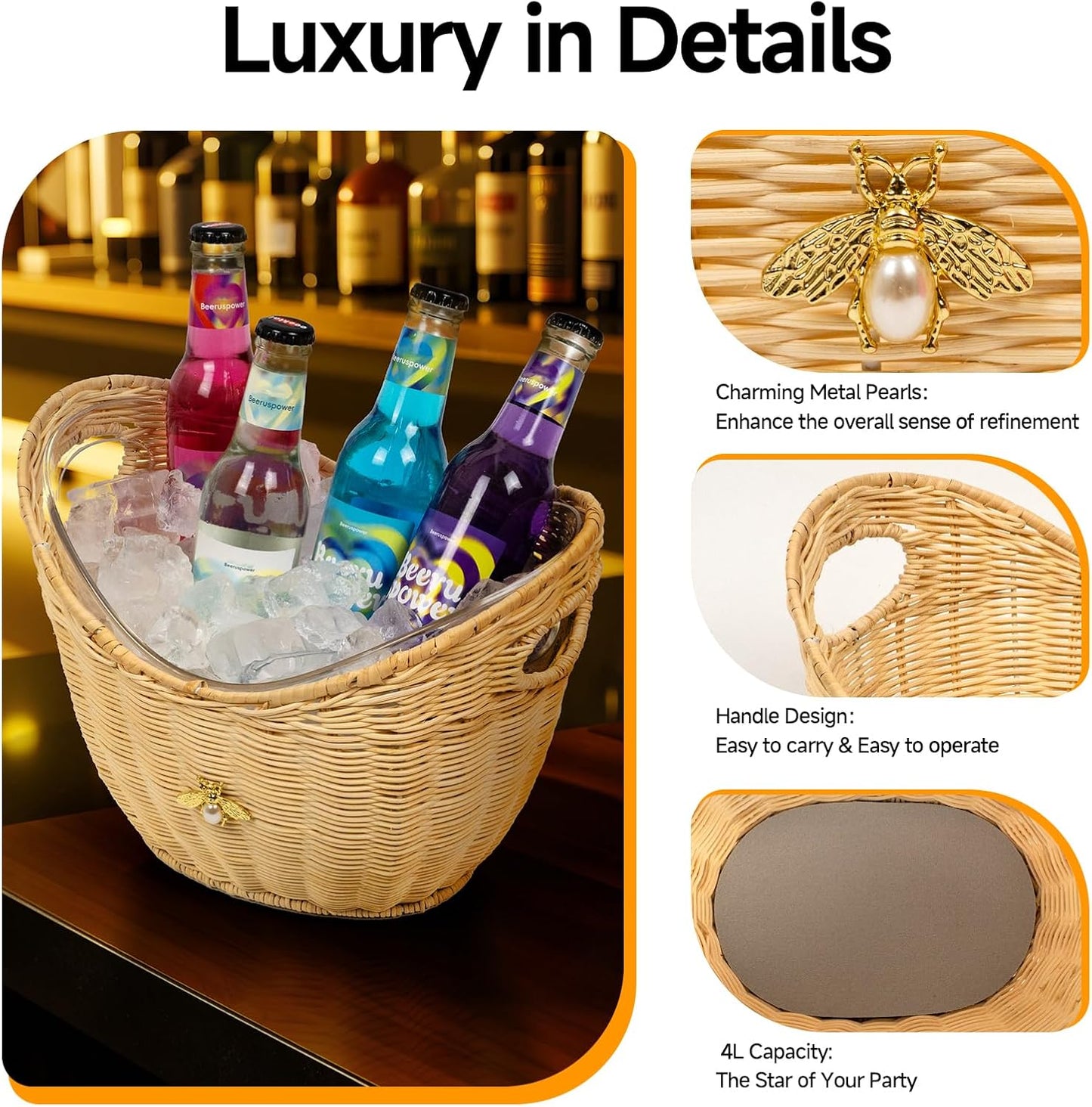 Lexenic Ice Bucket with Handle Hole, Woven and Acrylic Double Layer Basket Design, 4L Champagne Wine Ice Bucket for Cocktail Bar, Parties, Picnics- Anti Frozen Hands Anti Water Leakage (Rattan)