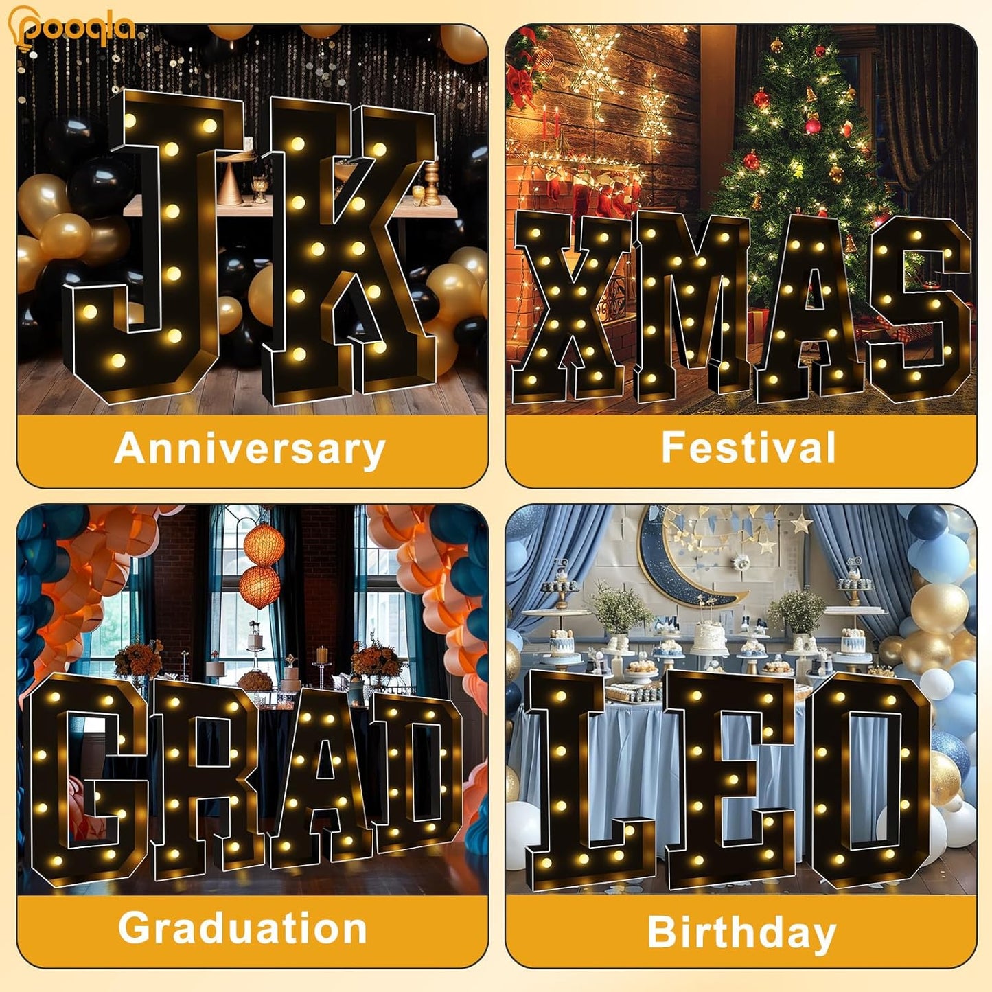 Pooqla 3FT Marquee Light Up Letters, Black LED Party Decor Large Marquee Letters 3 Feet Tall, Giant Mosaic Letter for Birthday Graduation Anniversary Wedding Decoration, Letter I