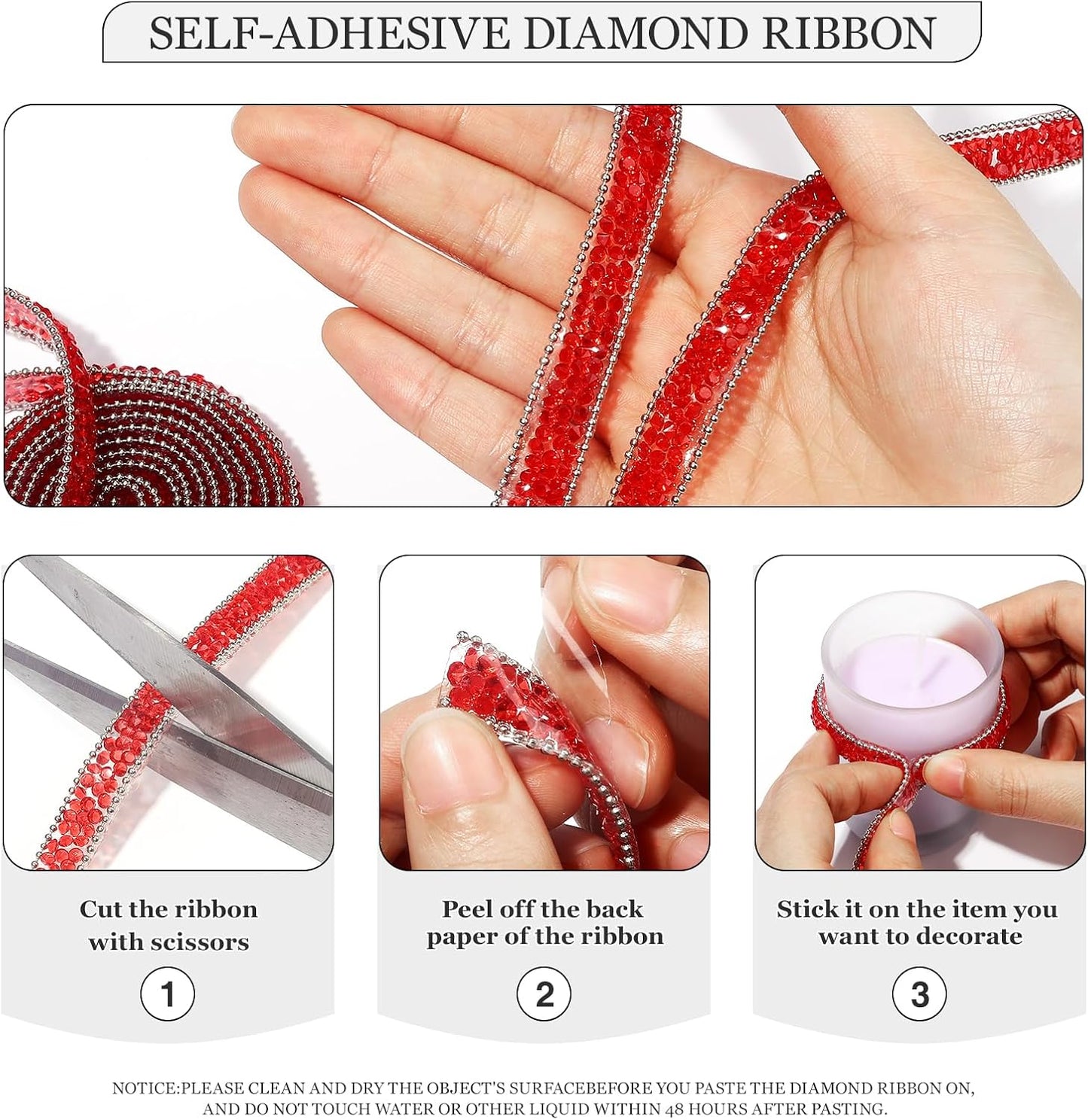 Rhinestone Ribbon 3 Yards Self Adhesive Rhinestone Strips Diamond Ribbon Sticker Crystal Roll Glitter Bling Rhinestones Tape for Crafting DIY Art Decoration (Red,0.4 Inch)