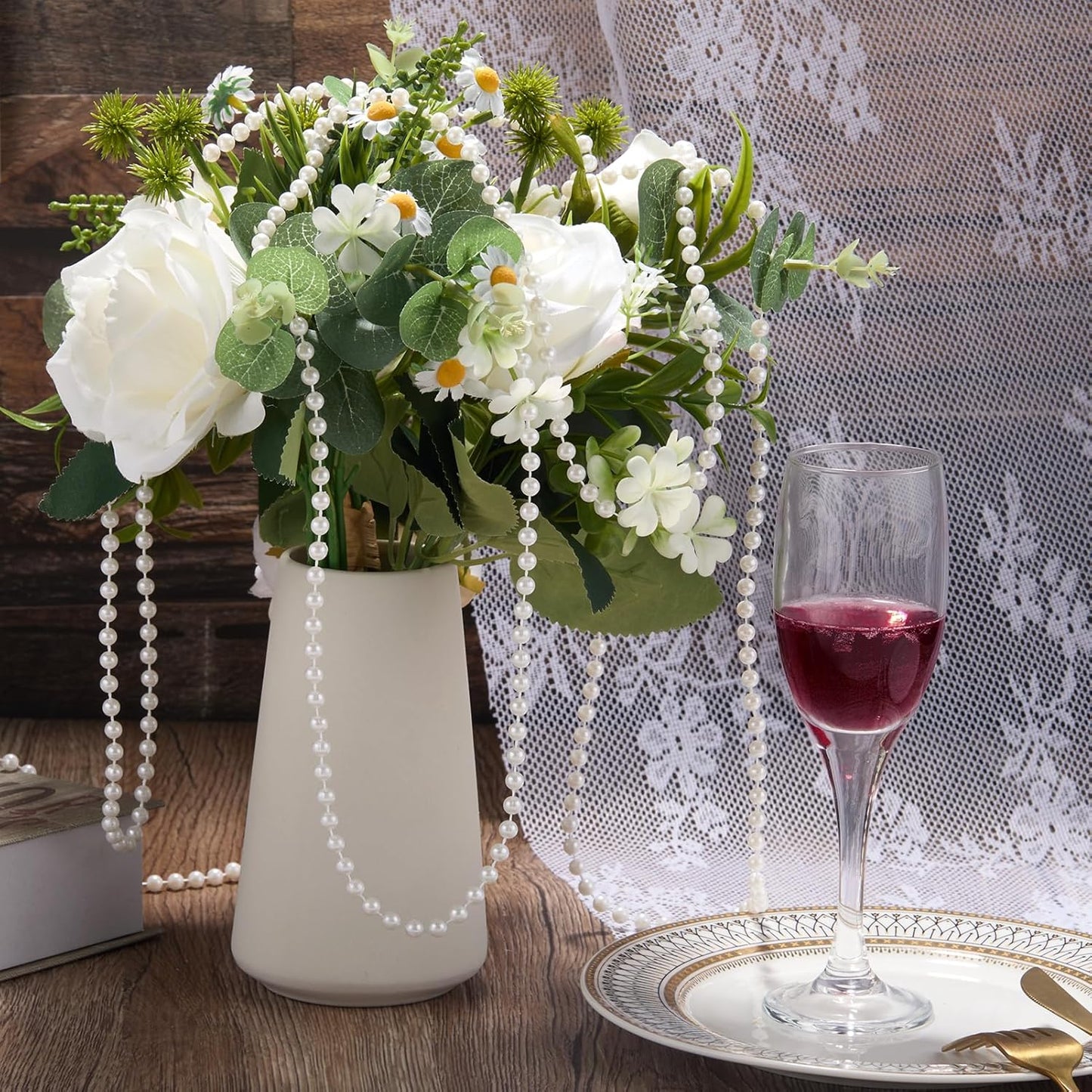 Craft String Pearls Bead 6MM, 33 Feet Ivory Fake Pearl Garland Beads Trim for Wedding Christmas Tree Decorations DIY