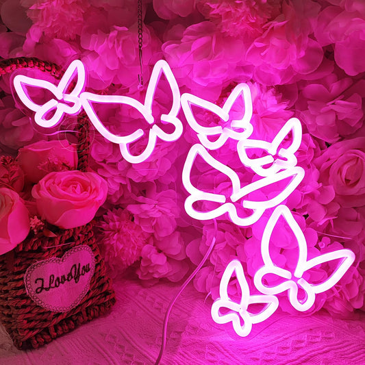 SYLHOME Pink Butterfly Led Neon Light Sign Girls Bedroom Kids Room Beauty Studio Living Room Wedding Birthday Christmas Party Light Up Sign 16.5" X 8.9" USB