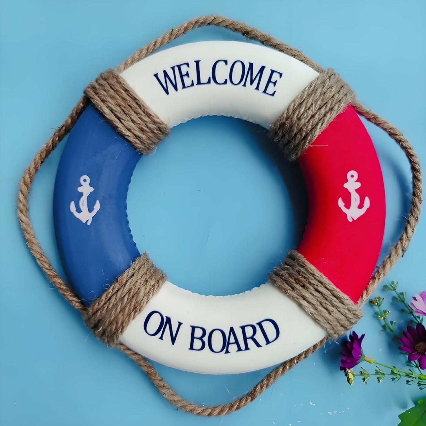 MorroMorn Lifebuoy Wall Hanging Decor - Welcome Aboard Mediterranean Style Home Decoration Hemp Rope (Red & Blue, 20")