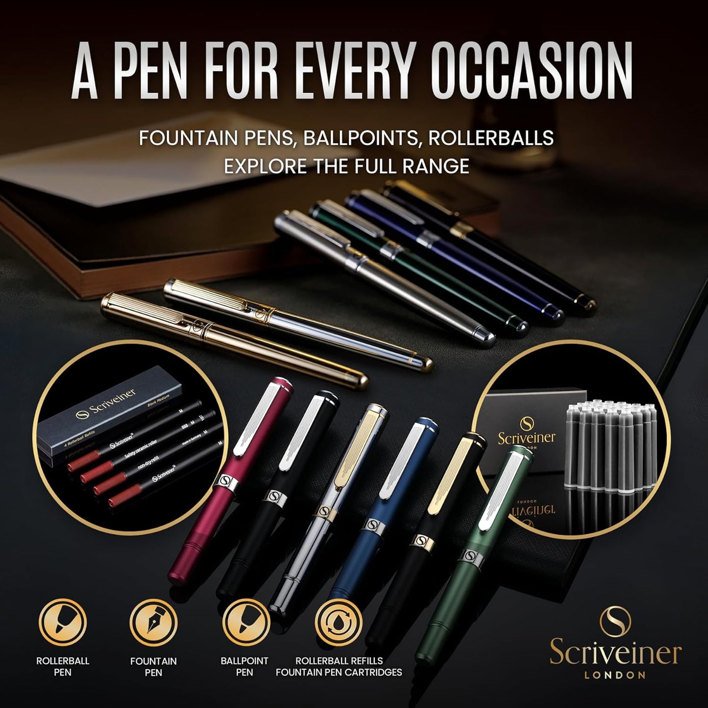 Scriveiner Midnight Blue Fountain Pen - Stunning Luxury Pen with Chrome Appointments, Schmidt Nib (Fine), Best Pen Gift Set for Men & Women, Professional, Executive, Office, Nice Pens