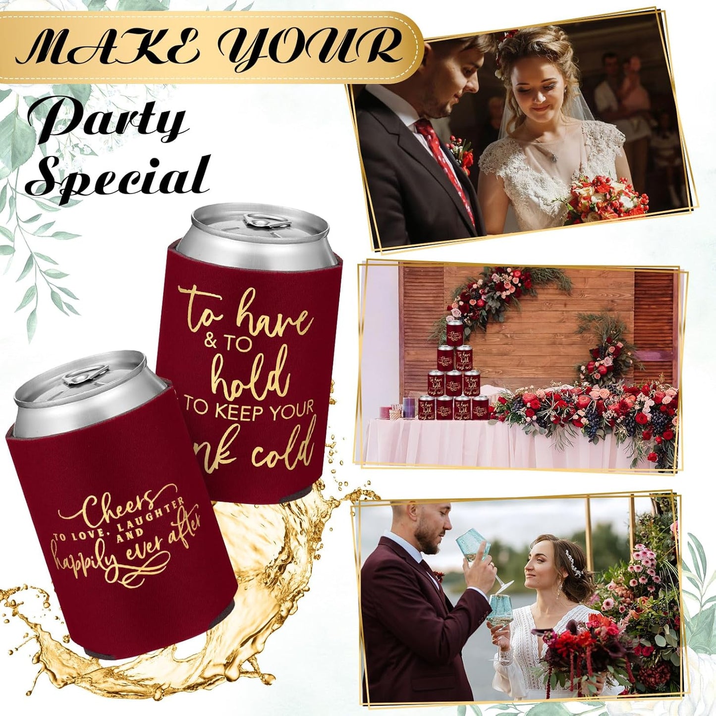 50 Pieces Burgundy Wedding Can Cooler Sleeves Bulk Engagement Party Favors for Guests Cheers to Love Laughter and Happily Ever After Rehearsal Dinner Decorations for Wedding Bridal Parties