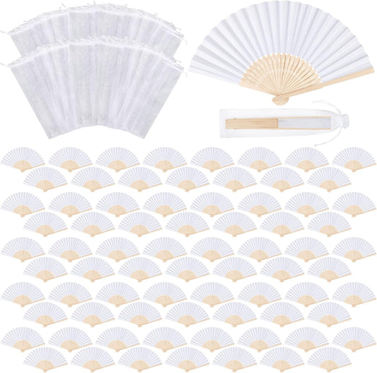 MCEAST 80 Pieces White Folding Paper Fans Wedding Fans Handheld Paper Fan White Bamboo Hand Fan Foldable Cool Favors with 80 Organza Bag for DIY Decor Wedding Party Favors Summer Guest