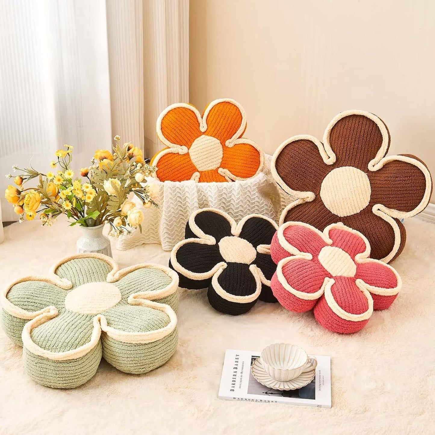 Soft Flower Shaped Floor Cushion, Plush Decorative Throw Pillow, Cute Seating Cushion, Room Decor Pillow for Sofa Couch Bed (13.7 Inch, Black)