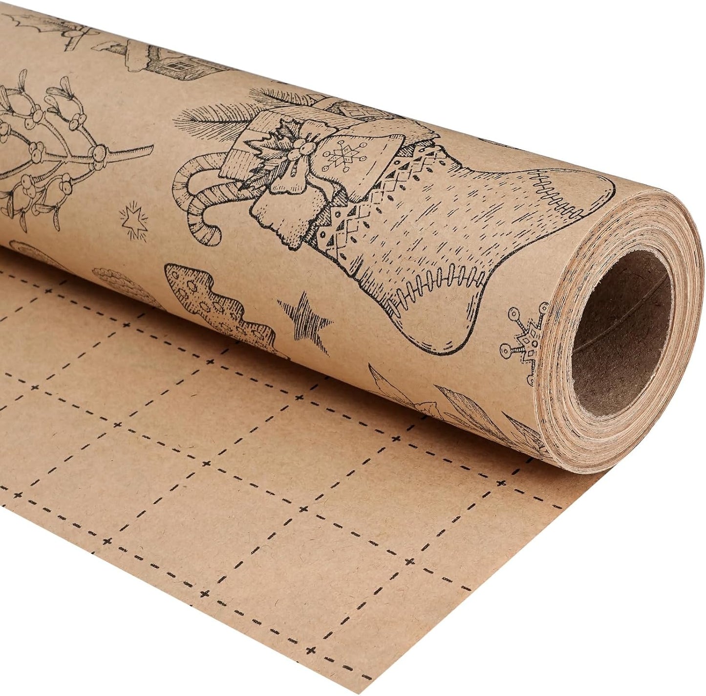 Ulmasinn Vintage Christmas Wrapping Paper Roll - Brown Kraft Paper 17" x33ft - with Cutting Line, Hand-Drawn Holiday Elements, Xmas Gift Wrap for Presents, Table Decor & Crafting