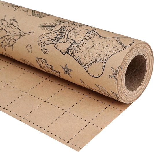 Ulmasinn Vintage Christmas Wrapping Paper Roll - Brown Kraft Paper 17" x33ft - with Cutting Line, Hand-Drawn Holiday Elements, Xmas Gift Wrap for Presents, Table Decor & Crafting